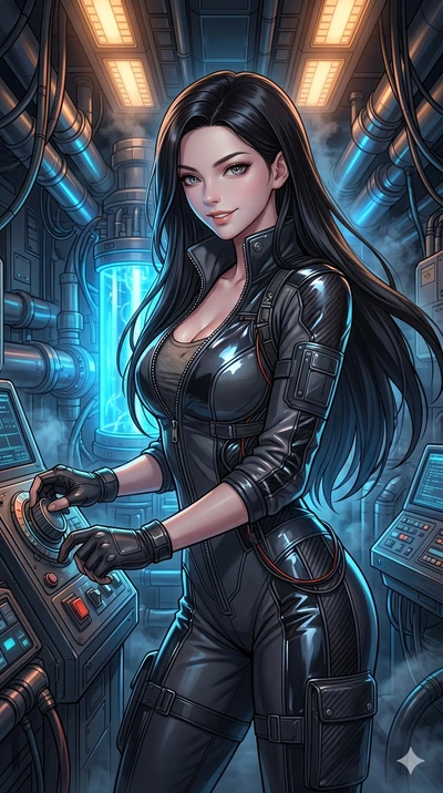score_9, masterpiece, best quality, ultra-detailed, high-budget anime keyframe, Korean woman. Upper body close-up from the thighs up, character filling the screen for maximum presence. Inside a spacecraft engine room, checking a fusion drive, adjusti