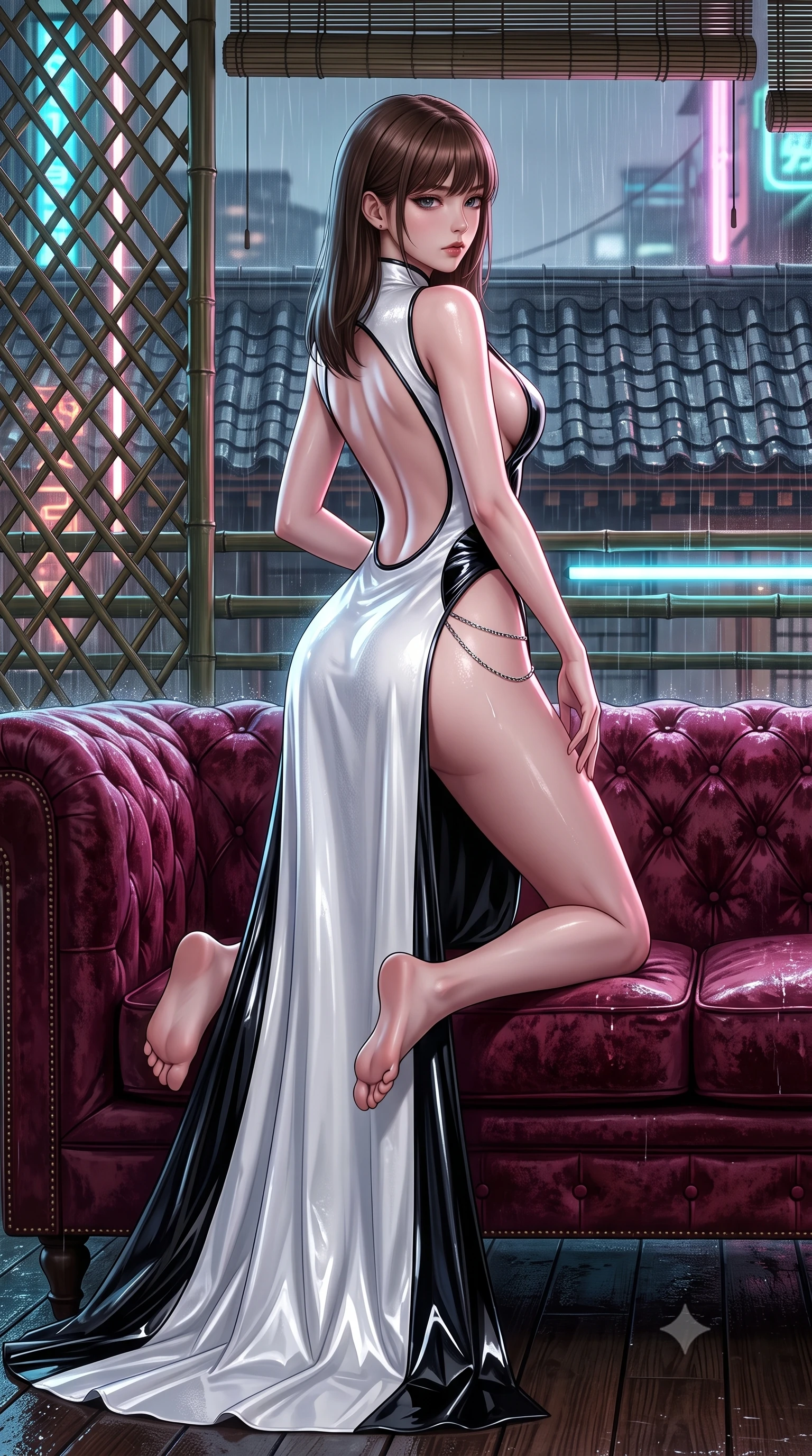 score_9, masterpiece, best quality, ultra-detailed, high-budget anime keyframe, semi-realistic 3D game render, editorial fashion photography, tasteful artistic composition, Korean woman. low angle full-body shot from head to toe showing her feet, filling the entire 9:16 vertical frame with her statuesque presence, stretching her vertical silhouette. posing with back turned slightly to the lens, glancing back with smoldering allure as she arches her lower back to emphasize her sculpted feminine hips and slender waist while reclining on a vintage velvet Chesterfield sofa inside a rain-streaked rooftop teahouse, one knee drawn up in a seductive Cleopatra pose. The surrounding environment is rendered in vivid detail and crisp panoramic clarity. sharp bamboo lattice textures, wet ceramic roof tiles, and glowing neon tube reflections in deep focus. She has an absolutely perfect, statuesque 8.5-heads proportion, an exceptionally tall and slender model-like female figure with impossibly long slender legs, a toned flat midriff, an ultra-slim waist, and beautifully sculpted feminine hips. sharp v-shaped jawline, high-bridge nose, intricate jewel-like eyes with depth, thick eyelashes, glossy parted lips with a natural sheen, intensely captivating and seductive bedroom-eyes expression, flawlessly proportioned anatomical accuracy, strict slender model proportions, natural body alignment, perfectly sculpted long slender limbs, ultra-slim waistline, clean dynamic posture without body distortion. wearing a backless silk jacquard mandarin-collar gown with dramatic side-torso cutouts and trailing skirt in high-contrast monochrome white and glossy black, formed from high-gloss patent leather with sharp specular chiaroscuro, complemented by a delicate metallic hip chain catching the neon rain caustics, the dramatically scooped open back descending to the base of her spine, accentuating her razor-sharp statuesque lines and curvy hourglass silhouette. illuminated by wet specular asphalt bounce lights sharply sculpting her narrow waist and rounded hips. highly saturated vibrant anime colors, detailed shading with soft gradients, rich glossy textures, high-contrast stereoscopic depth, volumetric dynamic lighting, master piece, 9:16 ratio