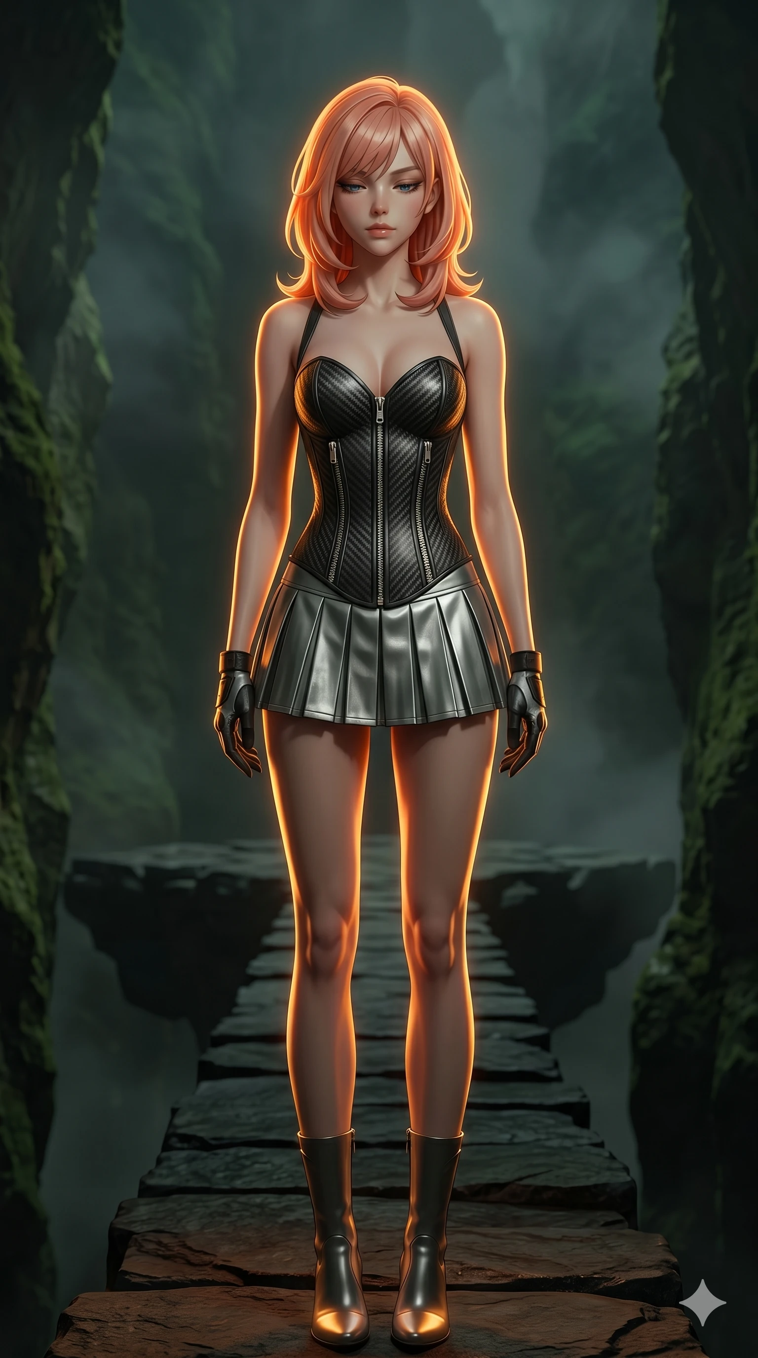 score_9, masterpiece, best quality, ultra-detailed, high-budget anime keyframe, editorial fashion photography, tasteful artistic composition, Japanese woman. cowboy shot from the thighs up, character and outfit filling the frame for maximum editorial presence. Looking down with lowered lashes and a composed, powerful expression on a floating bridge of dark stone connecting two cliffs in a misty green canyon. She has an absolutely perfect 8-heads proportion, an exceptionally tall and slender female figure with impossibly long slender legs and an ultra-slim waist. V-shaped jawline, high-bridge nose, intricate jewel-like eyes with depth, thick eyelashes, glossy lips with a natural sheen. wearing a carbon-fiber textured structured corset with silver zippers, paired with a pleated metallic silver mini combat skirt. drenched in warm amber cinematic rim lighting that traces every contour of her silhouette against a dark background. 2k, ultra detail, master piece, 9:16 ratio