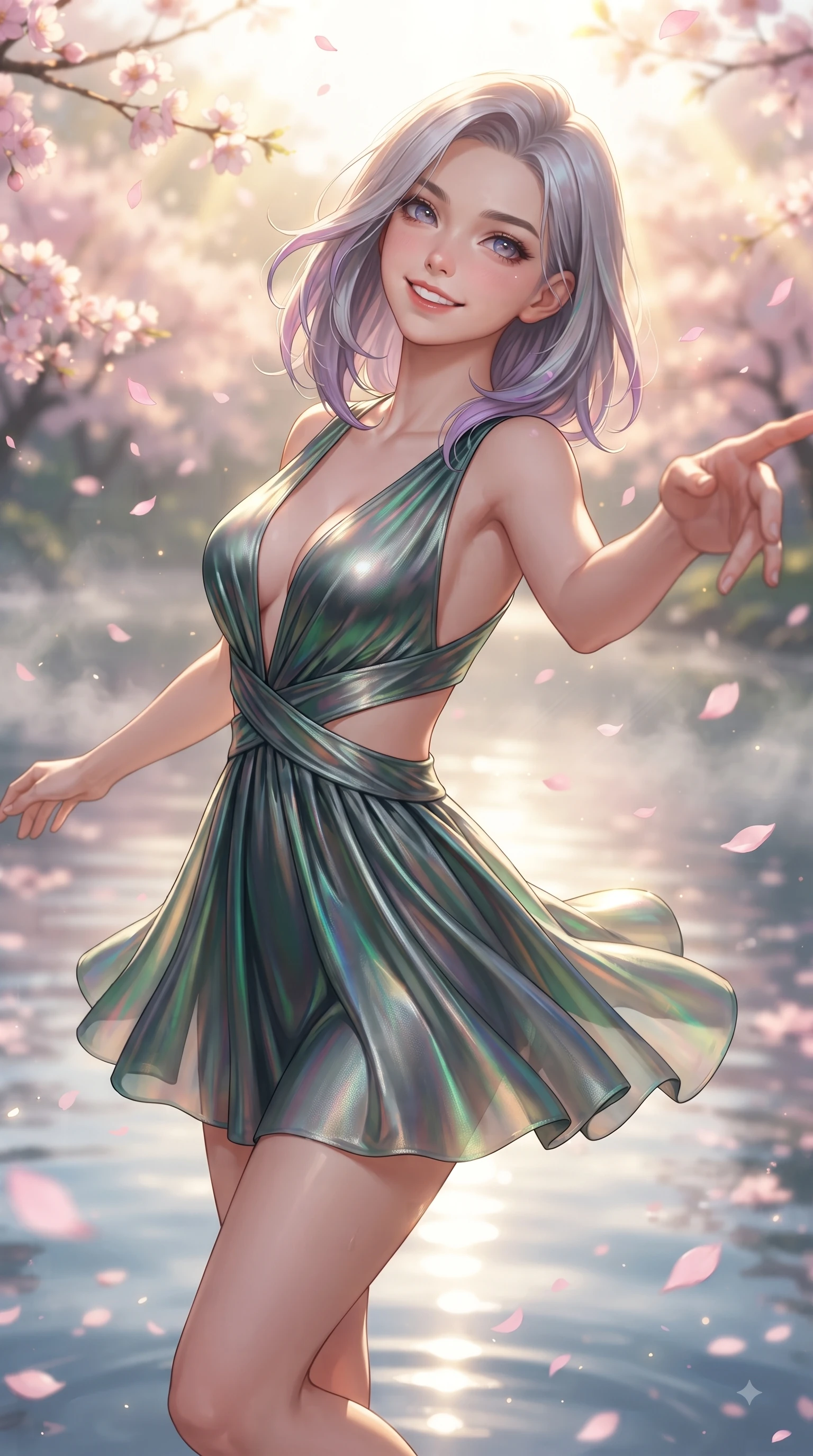 score_9, masterpiece, best quality, ultra-detailed, high-budget anime keyframe, editorial fashion photography, tasteful artistic composition, Caucasian woman. close-up cowboy shot from the waist and thighs up, the character dominates the composition, filling the frame with her large presence, background elements kept in soft focus. Enchanting happy smile, her eyes twinkling like jewels in the bright sunlight as one arm reaches out playfully while spinning in mid-air over a serene mirror lake as pink petals rain softly around her, morning mist floating gently over the water surface, capturing bright golden light. She has an exceptionally elegant, slender, and willowy female figure with an ultra-slim waist, a gracefully sculpted slender torso, and a refined silhouette. sharp v-shaped jawline, high-bridge nose, intricate jewel-like eyes with depth, thick eyelashes, glossy lips with a natural sheen, flawlessly proportioned anatomical accuracy, natural body alignment, perfectly sculpted elegant limbs, clean dynamic posture without body distortion. wearing a liquid mercury gloss mini dress with ultra-deep V-neck and waist cutouts in deep emerald green and silver accent, crafted from iridescent chiffon that shifts colors in the light, accented with a Tasteful chest slit framing her clavicle gracefully, the elegant draped fit framing her graceful clavicle and slender torso. bathed in bright morning sunbeams and warm golden sakura backlighting. ultra-reflective glossy finish, specular highlights, metallic sheen, high-contrast stereoscopic depth, volumetric dynamic lighting, 2k, ultra detail, master piece, 9:16 ratio
