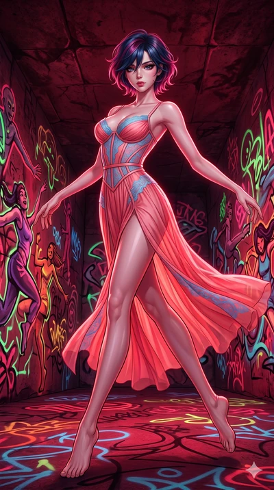 score_9, masterpiece, best quality, ultra-detailed, high-budget anime keyframe, editorial fashion photography, tasteful artistic composition, Korean woman. low angle full-body shot from head to toe showing her feet, filling the entire 9:16 vertical f