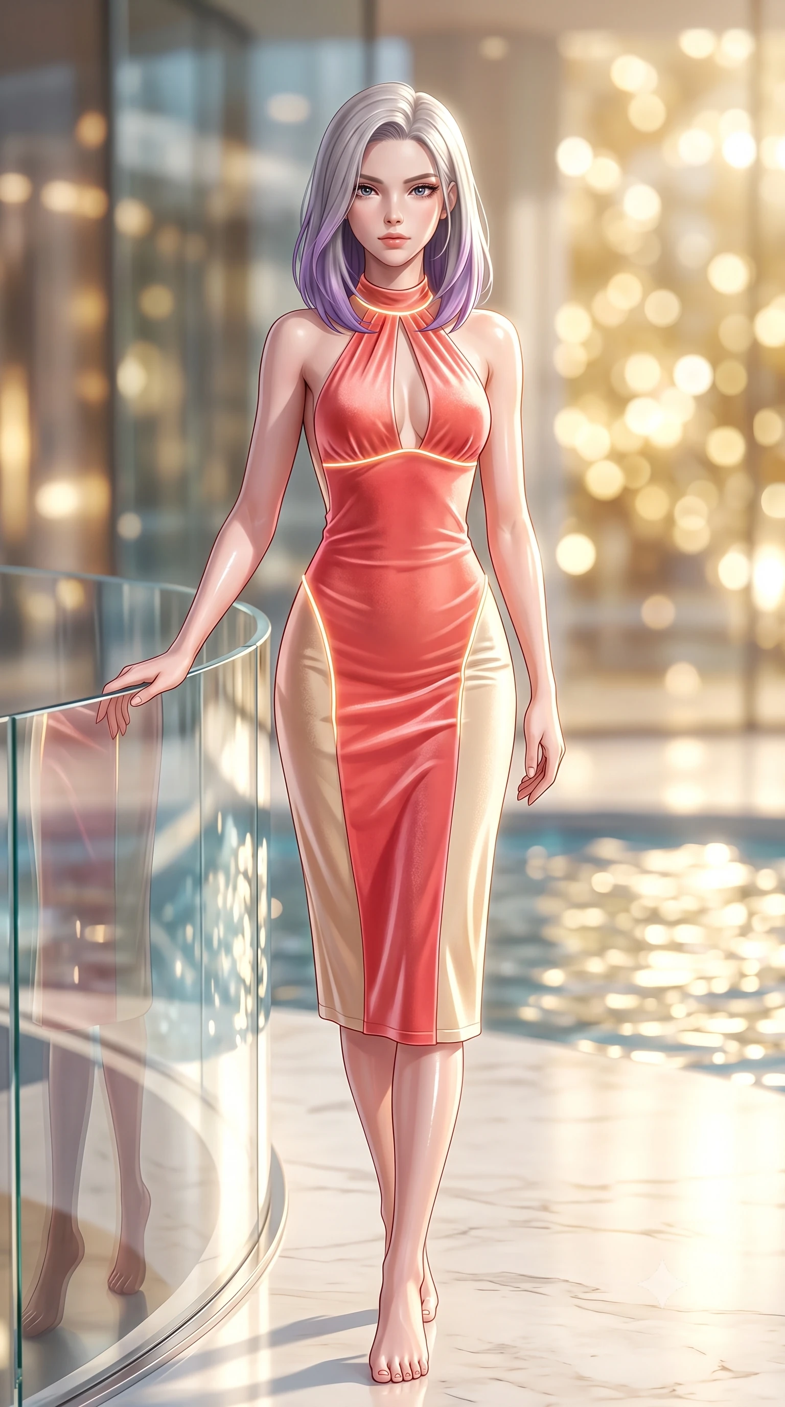 score_9, masterpiece, best quality, ultra-detailed, high-budget anime keyframe, semi-realistic 3D game render, editorial fashion photography, tasteful artistic composition, Caucasian woman. low angle full-body shot from head to toe showing her feet, filling the entire 9:16 vertical frame with her statuesque presence, stretching her vertical silhouette. striding forward in a proud, statuesque motion with a dangerous smolder, her vertical silhouette dominating the frame from head to toe while leaning seductively against a curved crystal balustrade with sunlight reflecting off her glossy skin. The composition keeps background elements in soft focus with creamy bokeh. champagne-tinted glass reflections and shimmering water surfaces blurred into glowing golden bokeh. She has an absolutely perfect, statuesque 8.5-heads proportion, an exceptionally tall and slender model-like female figure with impossibly long slender legs, a toned flat midriff, and an ultra-slim waist. sharp v-shaped jawline, high-bridge nose, intricate jewel-like eyes with depth, thick eyelashes, glossy lips with a natural sheen, flawlessly proportioned anatomical accuracy, strict slender model proportions, natural body alignment, perfectly sculpted long slender limbs, ultra-slim waistline, clean dynamic posture without body distortion. wearing a velvet halter-neck midi dress fitting her statuesque contour flawlessly with a Tasteful chest slit and open spine in radiant coral pink and champagne ivory, made of smooth iridescent silk chiffon that shifts colors with movement, accented with glowing fiber-optic seams tracing her collarbones and hip curves, the liquid-tight tailored fabric emphasizing every curve of her tall, slender model proportions and sculptured silhouette during dynamic movement. surrounded by an opulent, luminous, and enchantingly seductive contemporary pavilion ambiance. highly saturated vibrant anime colors, detailed shading with soft gradients, rich glossy textures, high-contrast stereoscopic depth, volumetric dynamic lighting, master piece, 9:16 ratio