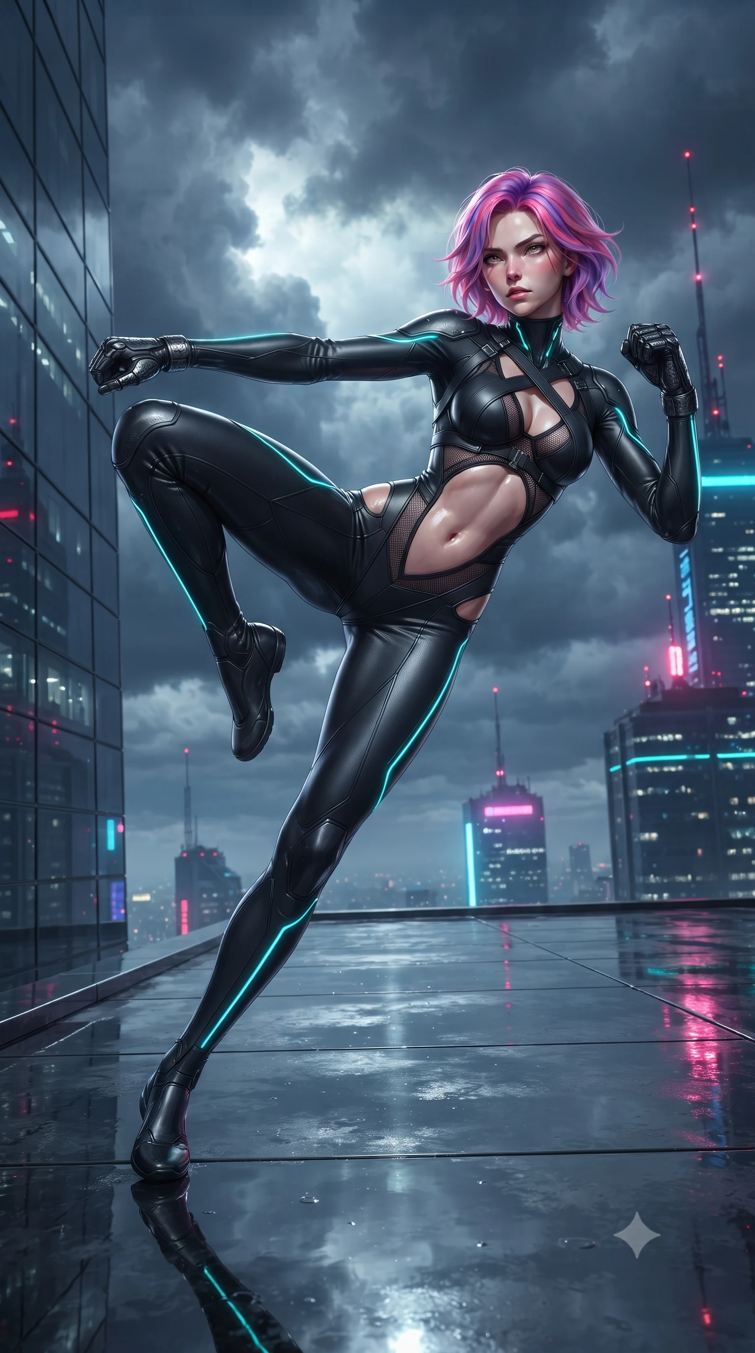 score_9, masterpiece, best quality, ultra-detailed, high-budget anime keyframe, editorial fashion photography, tasteful artistic composition, Caucasian woman. low angle full-body shot from head to toe showing her feet, filling the entire 9:16 vertical frame with her statuesque presence, stretching her vertical silhouette. pivoting dynamically in a high-speed low sweep kick along the reflective floor, her athletic torso and ultra-slim waist twisting in a fluid arc of power while standing triumphant at the skyscraper edge as the storm clouds part, looking directly into the camera with sovereign intensity. The surrounding environment is rendered in vivid detail and crisp panoramic clarity. intricate Damascus-pattern carbon knuckle plating, skyscraper antenna beacons, and neon reflections in high clarity. She has an absolutely perfect, statuesque 8.5-heads proportion, an exceptionally tall and slender model-like female figure with impossibly long slender legs, a toned flat midriff, and an ultra-slim waist. sharp v-shaped jawline, high-bridge nose, intricate jewel-like eyes with depth, thick eyelashes, glossy lips with a natural sheen, flawlessly proportioned anatomical accuracy, strict slender model proportions, natural body alignment, perfectly sculpted long slender limbs, ultra-slim waistline, clean dynamic posture without body distortion. wearing a high-mobility matte-black carbon-fiber combat bodysuit with glowing neon cyan kinetic conduits and Damascus-textured knuckle guards in monochrome white enamel carbon with high-contrast black panels, made of liquid carbon-jersey fabric adhering flawlessly to her sculpted silhouette, complemented by criss-cross back harness straps highlighting her completely bare spine, the precision-cut daring openings accentuating her delicate midriff, graceful bare collarbones, and ultra-slim feminine waistline. surrounded by an electrifying, fierce, and passionately powerful martial valkyrie atmosphere. ultra-reflective glossy finish, specular highlights, dark metallic sheen, high-contrast stereoscopic depth, volumetric dynamic lighting, 2k, ultra detail, master piece, 9:16 ratio