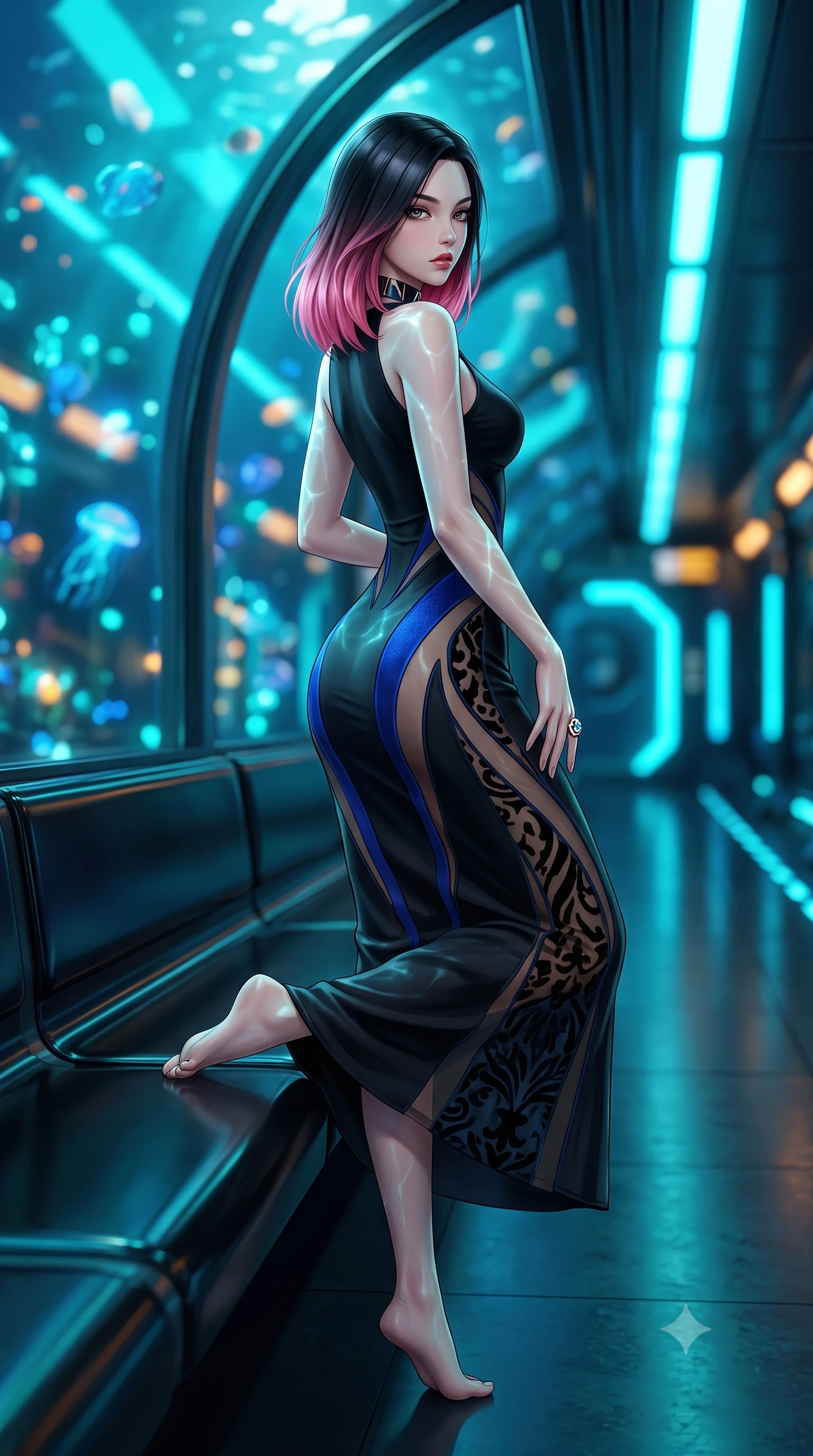 score_9, masterpiece, best quality, ultra-detailed, high-budget anime keyframe, semi-realistic 3D game render, editorial fashion photography, tasteful artistic composition, Korean woman. low angle full-body shot from head to toe showing her feet, filling the entire 9:16 vertical frame with her statuesque presence, stretching her vertical silhouette. executing an elegant mid-motion pivot turn as garments swirl around her slender limbs, glancing over her shoulder with an intoxicating bedroom-gaze while reclining casually along a black obsidian waiting bench propped on one elbow, her slender waist and curved hips sculpted by pulsing subway neon lines. The composition keeps background elements in soft focus with creamy bokeh. bioluminescent deep-sea fauna and pulsing cyan track lights blurred into electric turquoise, sapphire, and amber bokeh through thick acrylic. She has an exceptionally tall and slender model-like 8.5-heads proportion, an ultra-slim waist, a flat toned midriff, narrow delicate ribcage, and beautifully sculpted feminine hips creating a graceful, slim hourglass silhouette without any bulky heaviness, with impossibly long slender legs. sharp v-shaped jawline, high-bridge nose, intricate jewel-like eyes with depth, thick eyelashes, glossy parted lips with a natural sheen, intensely captivating and seductive bedroom-eyes expression, flawlessly proportioned anatomical accuracy, strict slender model proportions, natural body alignment, perfectly sculpted long slender limbs, ultra-slim waistline, clean dynamic posture without body distortion. wearing a second-skin black silk jersey maxi dress with asymmetrical sheer mesh side panels tracing the full curve of her hip in royal sapphire blue and liquid bronze, made of sheer contouring power-mesh with velvet flocking patterns, complemented by a bold geometric choker and sparkling cocktail ring, the glove-like aerodynamic silhouette tightly following the natural contour of her hips and long slender legs with statuesque 8.5-heads elegance. illuminated by shimmering water caustic reflections accentuating her sculpted midriff, narrow waist, and curvy hips. highly saturated vibrant anime colors, detailed shading with soft gradients, rich glossy textures, high-contrast stereoscopic depth, volumetric dynamic lighting, master piece, 9:16 ratio
