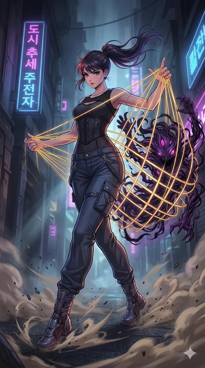 score_9, masterpiece, best quality, ultra-detailed, high-budget anime movie keyframe, cinematic anime lighting, intricate line art, Japanese woman. Low angle cowboy shot capturing a powerful motion and statuesque presence. weaving a cage of golden ba