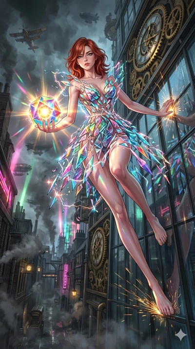 score_9, masterpiece, best quality, ultra-detailed, Set A: High-budget Anime Keyframe, Caucasian (human ears) woman. Low angle cowboy shot filling the entire 9:16 frame with her statuesque presence. Theme: Urban Decay. sliding down a glass skyscraper