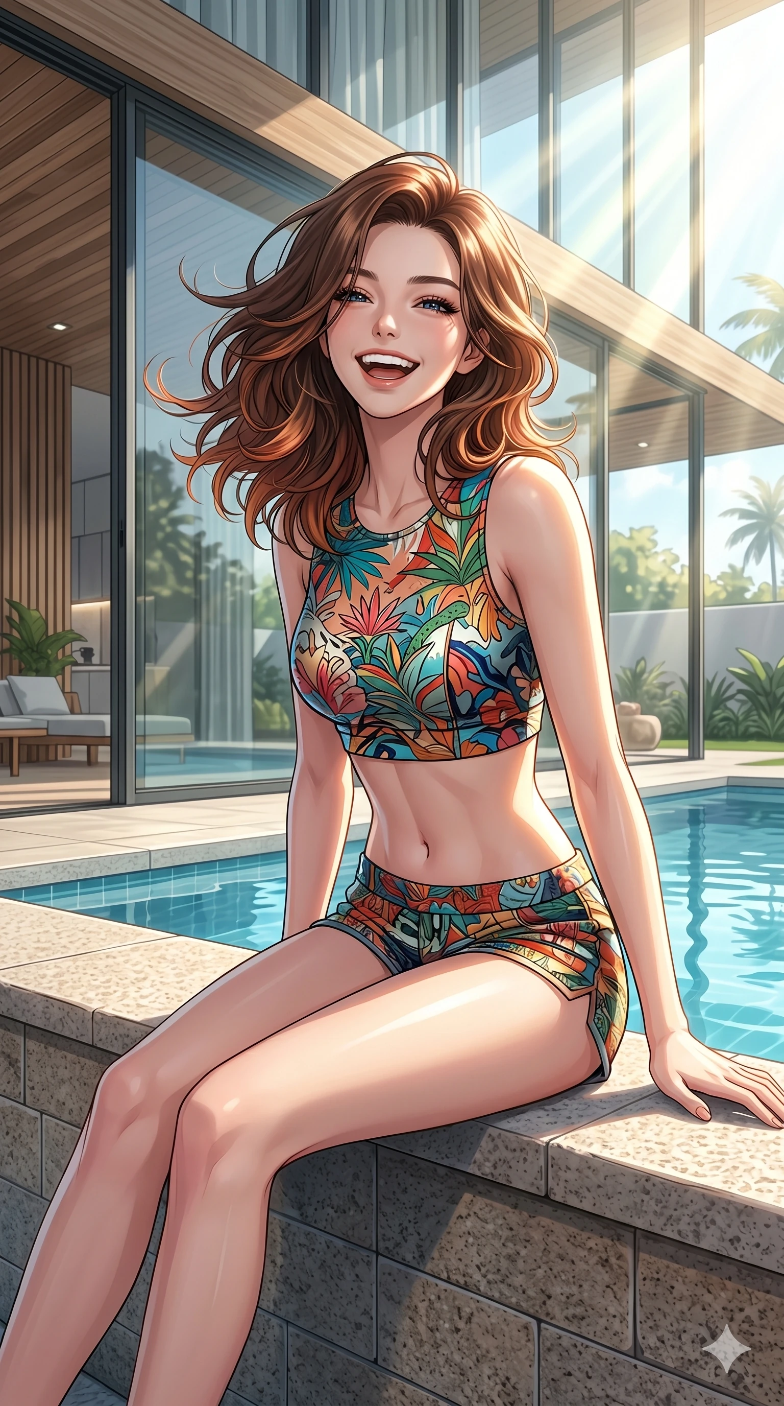 score_9, masterpiece, best quality, ultra-detailed, high-budget anime keyframe, vibrant anime aesthetic, Korean woman. cowboy shot from the thighs up, character and outfit filling the frame for maximum presence. She is sitting by the resort pool, laughing wind-swept and happy in the morning rays inside a modern villa with large glass walls (Code-P20-109). She has an absolutely perfect 8-heads proportion, an exceptionally tall and slender female figure with impossibly long slender legs and an ultra-slim waist. V-shaped jawline, high-bridge nose, intricate jewel-like eyes with depth, thick eyelashes, glossy lips with a natural sheen. wearing a crop top showing bare midriff and micro-shorts. She is bathed in brilliant midday sunbeams, casting sharp highlights that outline her slim waist. 2k, ultra detail, master piece, 9:16 ratio