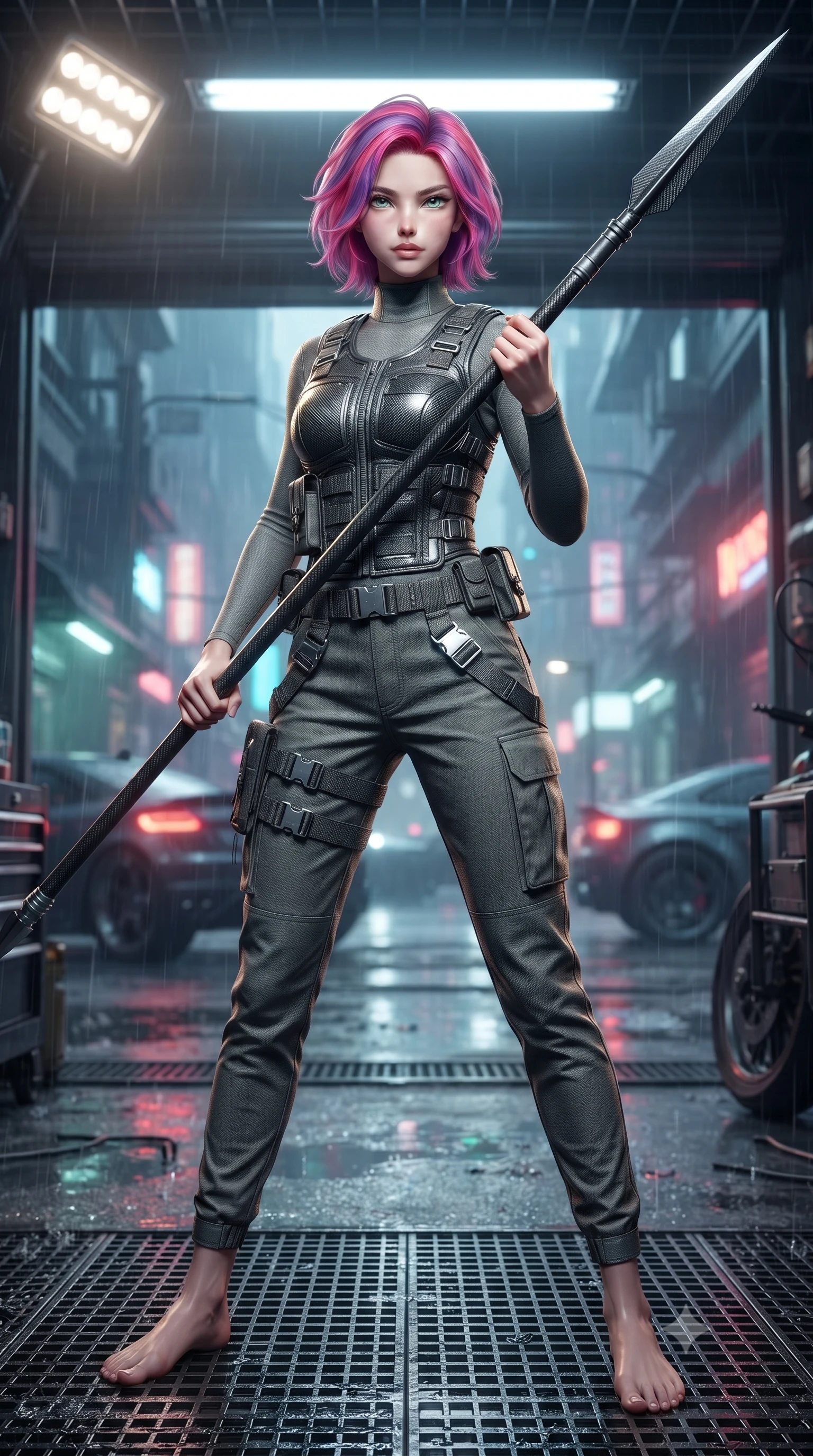 score_9, masterpiece, best quality, ultra-detailed, high-budget anime keyframe, editorial fashion photography, tasteful artistic composition, Caucasian woman. low angle full-body shot from head to toe showing her feet, filling the entire 9:16 vertical frame with her statuesque presence, stretching her vertical silhouette. standing in a dynamic combat stance with a carbon-fiber spear held diagonally, stretching her statuesque body, the background shows a soft-focus a high-tech motorcycle garage open to a rain-drenched cyberpunk street. She has an absolutely perfect, statuesque 8.5-heads proportion, an exceptionally tall and slender model-like female figure with impossibly long slender legs and an ultra-slim waist. sharp v-shaped jawline, high-bridge nose, intricate jewel-like eyes with depth, thick eyelashes, glossy lips with a natural sheen. wearing a tailored rugged carbon-alloy utility vest over a long-sleeve high-neck grey compression shirt and matching cargo slacks. bright halogen work lights casting sharp, detailed front illumination with deep shadows. ultra-reflective glossy finish, specular highlights, metallic sheen, high-contrast stereoscopic depth, volumetric dynamic lighting, 2k, ultra detail, master piece, 9:16 ratio