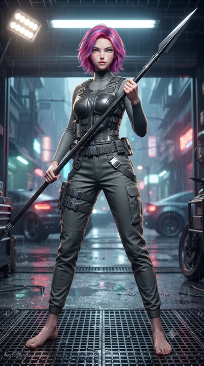 score_9, masterpiece, best quality, ultra-detailed, high-budget anime keyframe, editorial fashion photography, tasteful artistic composition, Caucasian woman. low angle full-body shot from head to toe showing her feet, filling the entire 9:16 vertica