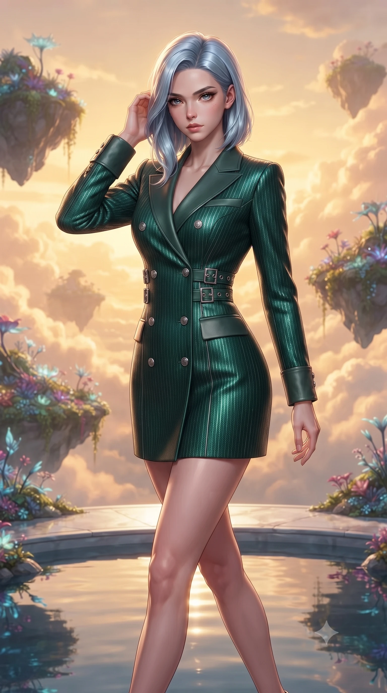 score_9, masterpiece, best quality, ultra-detailed, high-budget anime keyframe, editorial fashion photography, tasteful artistic composition, Korean woman. close-up cowboy shot from the waist and thighs up, the character dominates the composition, filling the frame with her large presence, background elements kept in soft focus. Resting her fingers gracefully near her temple, casting a sharp mysterious side-gaze during her stride while stepping along a cloudtop platinum terrace suspended between flying hydro-islands, still pool waters mirroring her slender silhouette and the open cloudscape. She has an exceptionally elegant, slender, and willowy female figure with an ultra-slim waist, a gracefully sculpted slender torso, and a refined silhouette. sharp v-shaped jawline, high-bridge nose, intricate jewel-like eyes with depth, thick eyelashes, glossy lips with a natural sheen, flawlessly proportioned anatomical accuracy, natural body alignment, perfectly sculpted elegant limbs, clean dynamic posture without body distortion. wearing a double-breasted blazer dress with subtle metallic pin-stripes in deep emerald green and silver accent, made of fine carbon-fiber weave and soft matte leather, detailed with polished silver buckles along the waistline, the tailored fabric tightly following every curve of her athletic build. bathed in glorious golden hour sunbeams and warm rose-gold ambient light. ultra-reflective glossy finish, specular highlights, metallic sheen, high-contrast stereoscopic depth, volumetric dynamic lighting, 2k, ultra detail, master piece, 9:16 ratio