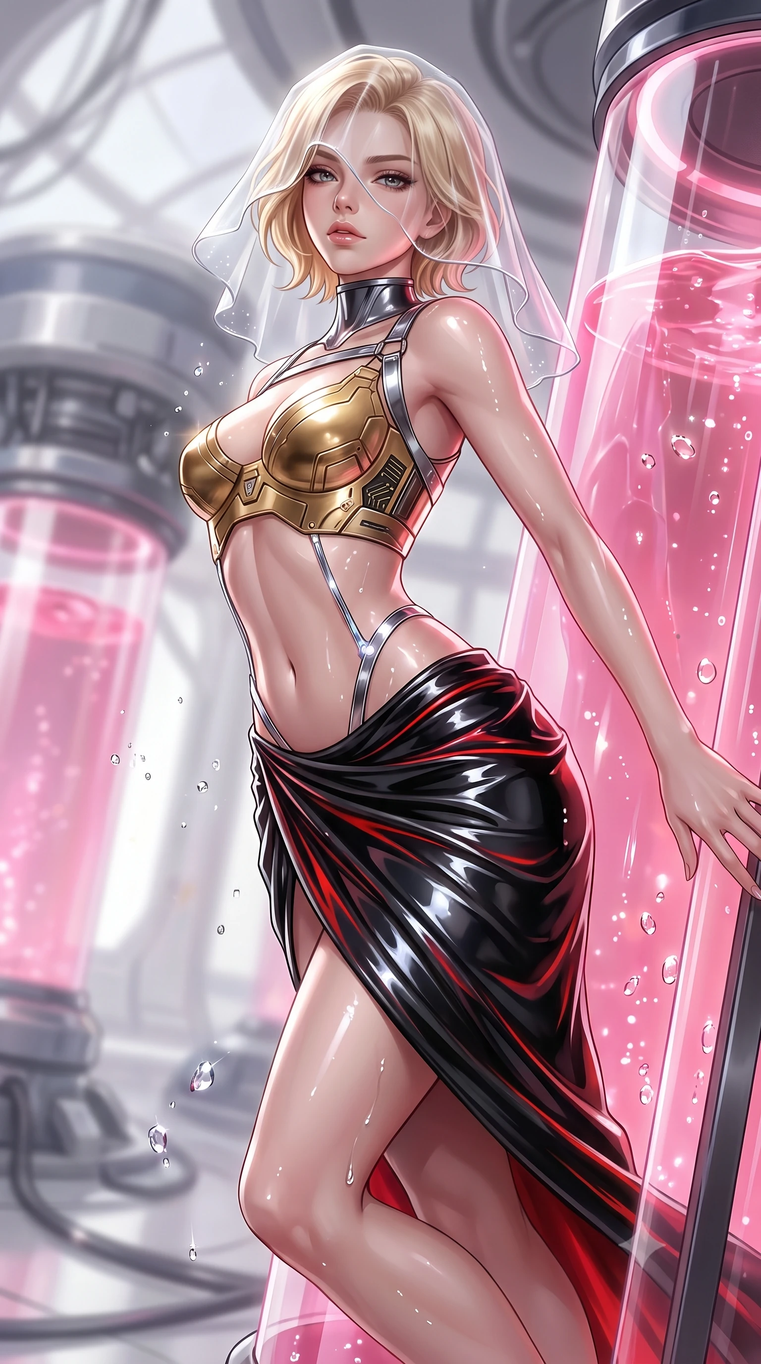 score_9, masterpiece, best quality, ultra-detailed, high-budget anime keyframe, editorial fashion photography, tasteful artistic composition, Caucasian woman. close-up cowboy shot from the waist and thighs up, the character dominates the composition, filling the frame with her large presence. stretching forward with an alluring arch of her spine, glancing over her shoulder with divine self-assurance and magnetic intensity while stepping gracefully out of a soaring crystal incubator cylinder filled with glowing pink nanotech stasis fluid. The composition keeps background elements in soft focus with creamy bokeh. curved crystal incubator cylinders and medical stasis architecture softened in dreamy shallow depth of field. She has an exceptionally elegant, slender, and willowy female figure with an ultra-slim waist, a gracefully sculpted slender torso, toned flat midriff, and a refined slim silhouette. sharp v-shaped jawline, high-bridge nose, intricate jewel-like eyes with depth, thick eyelashes, glossy lips with a natural sheen, flawlessly proportioned anatomical accuracy, strict slender model proportions, natural body alignment, perfectly sculpted long slender limbs, ultra-slim waistline, clean dynamic posture without body distortion. wearing an ethereal translucent cyber-veil paired with a sculpted golden mechanical cuirass and high-fashion draped silk skirt in high-gloss obsidian black and burning laser crimson accents, made of liquid jersey fabric that clings flawlessly to every contour of her build, reinforced by a sleek metallic chrome harness and delicate glowing micro-straps, the form-contouring material adhering flawlessly to her sculpted flat midriff and slender torso, emphasizing her long leg lines and perfectly proportioned willowy build. illuminated by sparkling fluid droplet refractions and crisp specular highlights tracing her slender curves. ultra-reflective glossy finish, specular highlights, dark metallic sheen, high-contrast stereoscopic depth, volumetric dynamic lighting, 2k, ultra detail, master piece, 9:16 ratio
