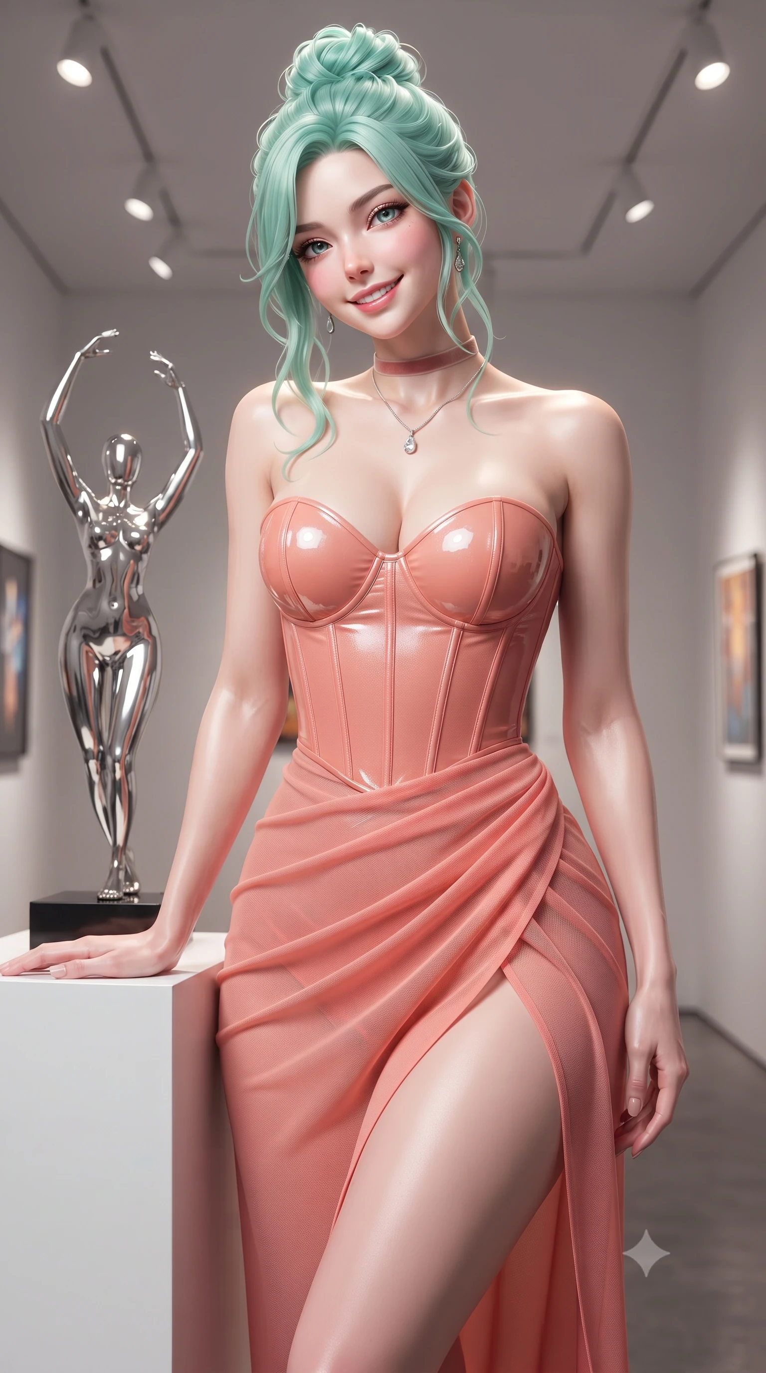 score_9, masterpiece, best quality, ultra-detailed, high-budget anime keyframe, editorial fashion photography, tasteful artistic composition, Japanese woman. close-up cowboy shot from the waist and thighs up, the character dominates the composition, filling the frame with her large presence. tilting her head with a teasing half-smile, running one hand slowly down the side of her hip in a flirtatious S-curve as ambient light caresses her silhouette while leaning against the pedestal of a contemporary chrome sculpture with hips cocked back, casting an intoxicating bedroom-gaze. The surrounding environment is rendered in vivid detail and crisp panoramic clarity: detailed wet-look vinyl bustier texture, sheer wrap mini skirt drape, and architectural precision in high resolution. She has an exceptionally elegant, slender, and willowy female figure with an ultra-slim waist, flat toned midriff, narrow ribcage, and sculpted feminine hips creating an alluring, slim hourglass silhouette without bulk. sharp v-shaped jawline, high-bridge nose, intricate jewel-like sparkling eyes with depth, thick eyelashes, glossy parted lips with a natural peach sheen, bright cheerful beaming smile with an enchanting and coquettish sensual glint, exuding both youthful cute charm and seductive allure, flawlessly proportioned anatomical accuracy, strict slender model proportions, natural body alignment, perfectly sculpted long slender limbs, ultra-slim waistline, clean dynamic posture without body distortion. wearing a sculpted sweetheart-neckline boned corset top paired with an asymmetric draped wrap skirt with daring leg opening in French Riviera sunset coral and starlight silver, made of semi-opaque stretch illusion mesh with soft shadowy contours along her waist, finished with a thin velvet ribbon choker and a single teardrop diamond pendant, the glove-like clinging cut tightly following the natural contour of her hips and long slender legs with youthful 8.5-heads elegance. illuminated by gallery recessed downlights and crisp amber-gold rim lights defining her dewy collarbones, narrow waist, and curvy hips. ultra-reflective glossy finish, specular highlights, rich textural contrasts, high-contrast stereoscopic depth, volumetric dynamic lighting, 2k, ultra detail, master piece, 9:16 ratio