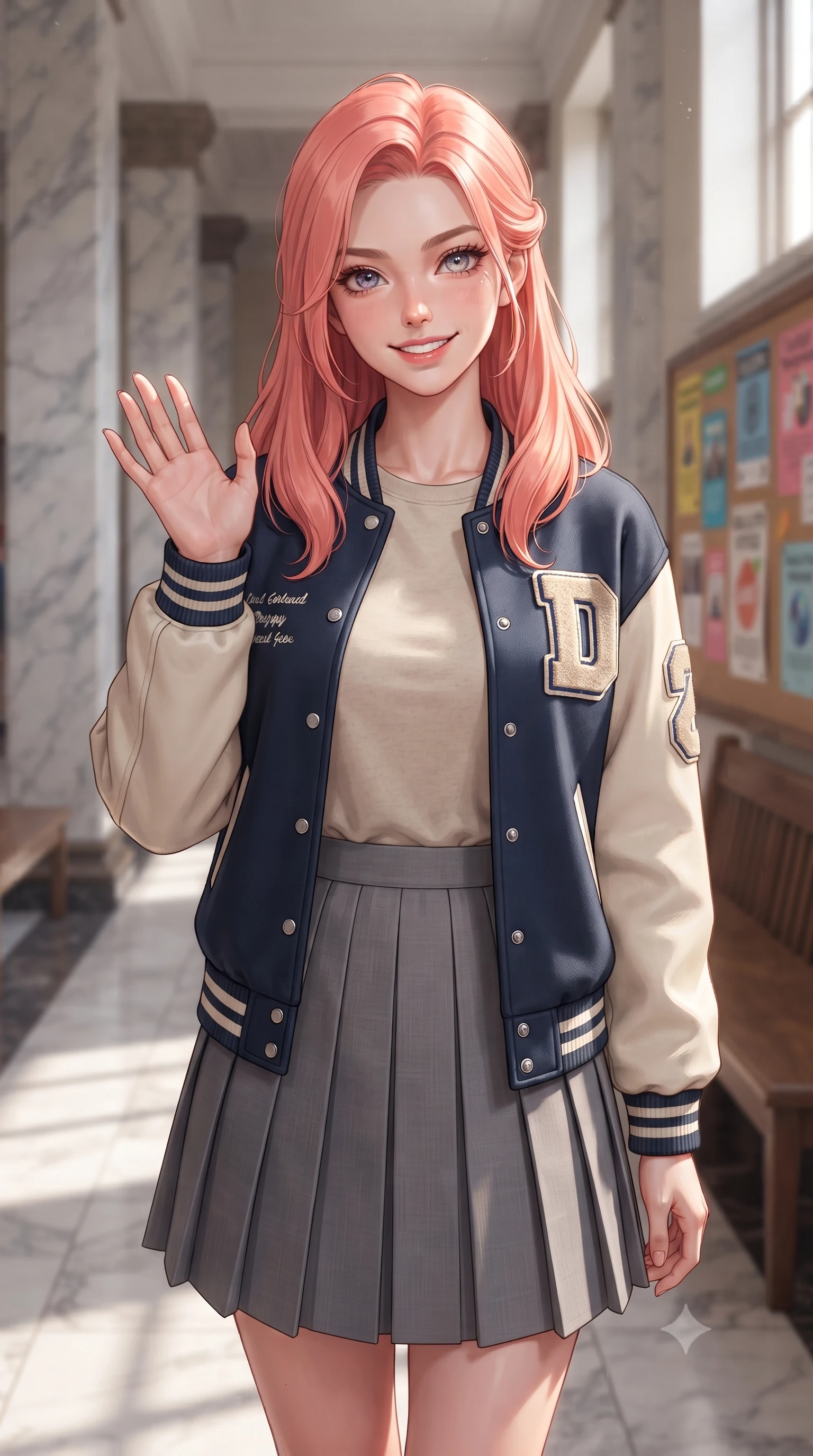 score_9, masterpiece, best quality, ultra-detailed, high-budget anime keyframe, editorial fashion photography, tasteful artistic composition, Japanese woman. close-up cowboy shot from the waist and thighs up, the character dominates the composition, filling the frame with her large presence, background elements kept in soft focus. flashing a sweet, beaming smile while waving one hand gently toward the camera set against a soft-focus background of inside a spacious university auditorium hallway with marble columns and wooden benches with colorful college flyers and posters decorating the bulletin boards behind her. She has an exceptionally elegant, slender, and willowy female figure with an ultra-slim waist, a gracefully sculpted slender torso, and a refined silhouette. sharp v-shaped jawline, high-bridge nose, intricate jewel-like eyes with depth, thick eyelashes, glossy lips with a natural sheen. wearing tailored casual preppy varsity jacket in navy, worn over an oatmeal tee and a pleated grey midi skirt. cool morning sunlight creating a fresh, energetic ambiance. ultra-reflective glossy finish, specular highlights, metallic sheen, high-contrast stereoscopic depth, volumetric dynamic lighting, 2k, ultra detail, master piece, 9:16 ratio