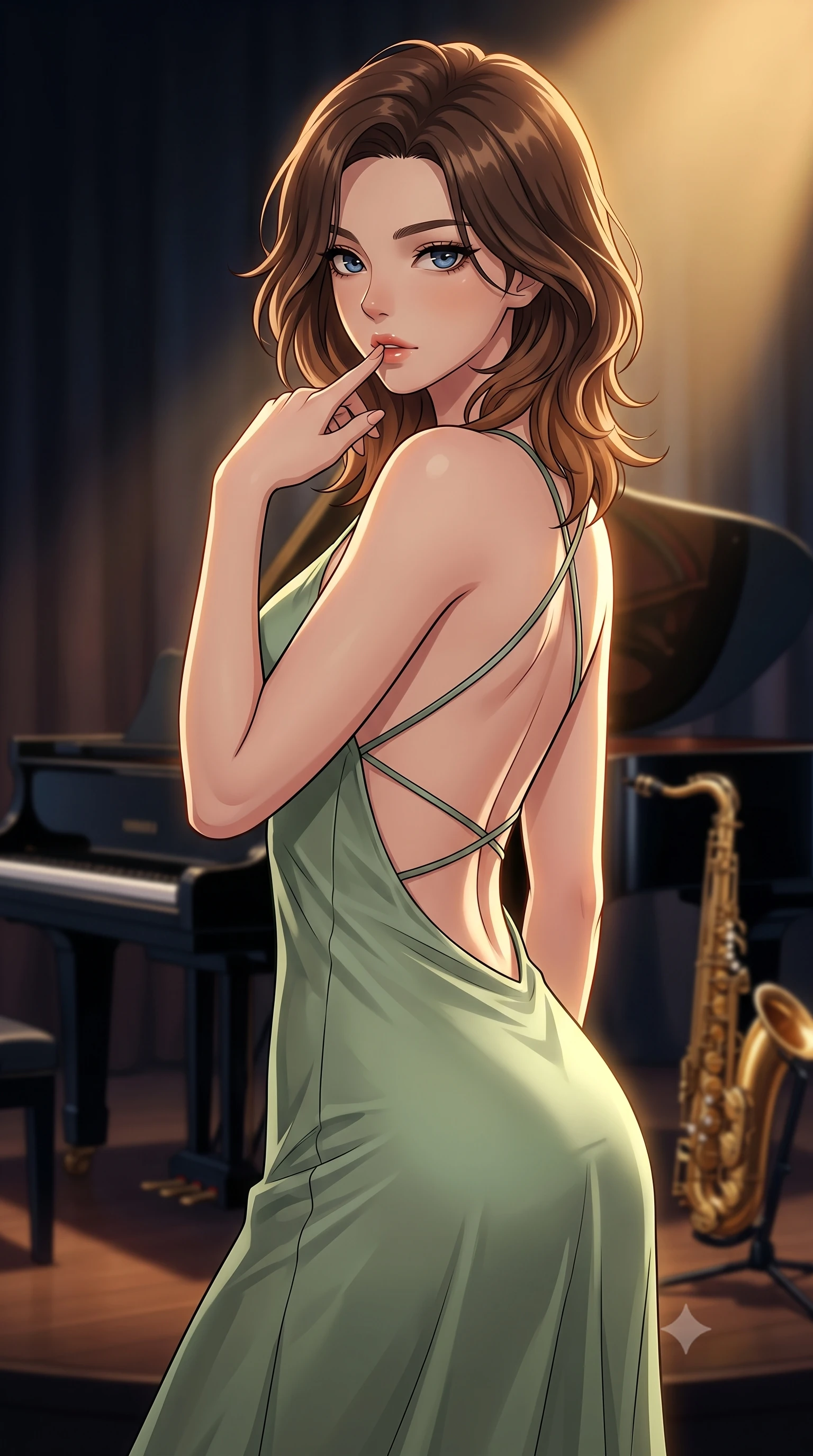score_9, masterpiece, best quality, ultra-detailed, high-budget anime keyframe, tasteful artistic composition, Korean woman. close-up cowboy shot from the waist and thighs up, the character dominates the composition, filling the frame with her large presence, background elements kept in soft focus. pressing one finger to her bottom lip in a thoughtful, seductive gesture under the warm sun the background shows a soft-focus a dimly lit jazz lounge stage next to a glossy black grand piano and a brass saxophone. She has an exceptionally elegant, slender, and willowy female figure with an ultra-slim waist, a gracefully sculpted slender torso, and a refined silhouette. sharp v-shaped jawline, high-bridge nose, intricate jewel-like eyes with depth, thick eyelashes, glossy lips with a natural sheen. wearing a tailored lightweight silk sundress in sage green with a dramatic open-back and thin criss-cross straps. a single warm spotlight tracing her statuesque posture against the dark backdrop. highly saturated vibrant anime colors, cel-shading, 2d style, master piece, 9:16 ratio