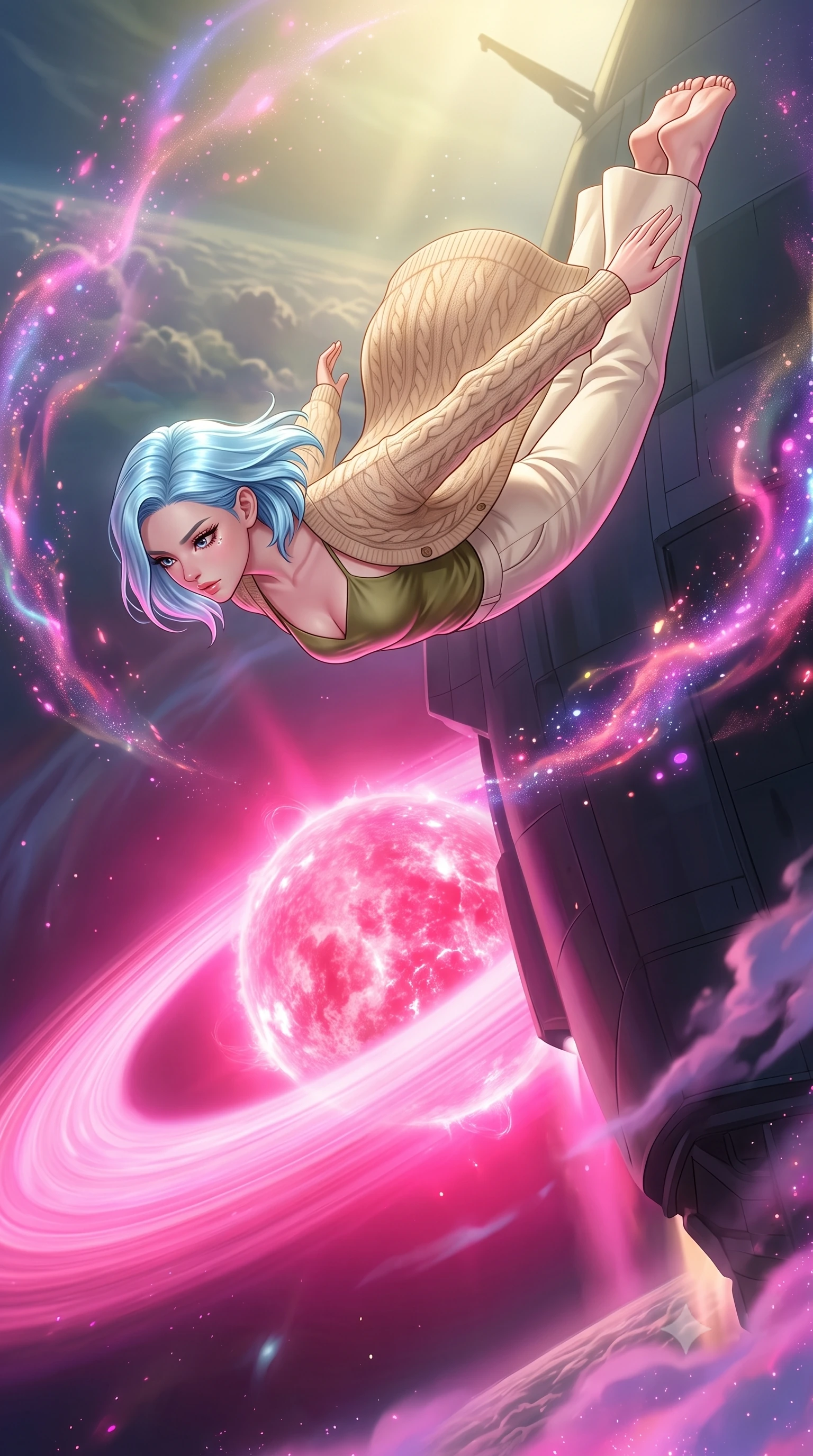 score_9, masterpiece, best quality, ultra-detailed, high-budget anime keyframe, editorial fashion photography, tasteful artistic composition, Korean woman. low angle full-body shot from head to toe showing her feet, filling the entire 9:16 vertical frame with her statuesque presence, stretching her vertical silhouette. leaping off a launching drop-ship, diving headfirst toward the cloud tops of an alien world through floating inside a pink helium ring surrounding a dying star, gas particles glowing like neon dust. She has a statuesque 8.5-heads proportion, an exceptionally tall, slender and willowy model-like build with impossibly long legs and a highly sculpted ultra-slim waist. sharp v-shaped jawline, high-bridge nose, intricate jewel-like eyes with depth, thick eyelashes, glossy lips with a natural sheen. wearing the lightweight fabric rippling and billowing dramatically with her movement, a slim-fit cozy beige cable-knit cardigan over an olive green silk slip top and cream-colored wide-leg pants. highly saturated vibrant anime colors, intense vivid color palette, soft 3D volumetric shading, volumetric dynamic lighting, dramatic contrast of hot pink furnace glow from below and cool golden light from above. 2k, ultra detail, master piece, 9:16 ratio