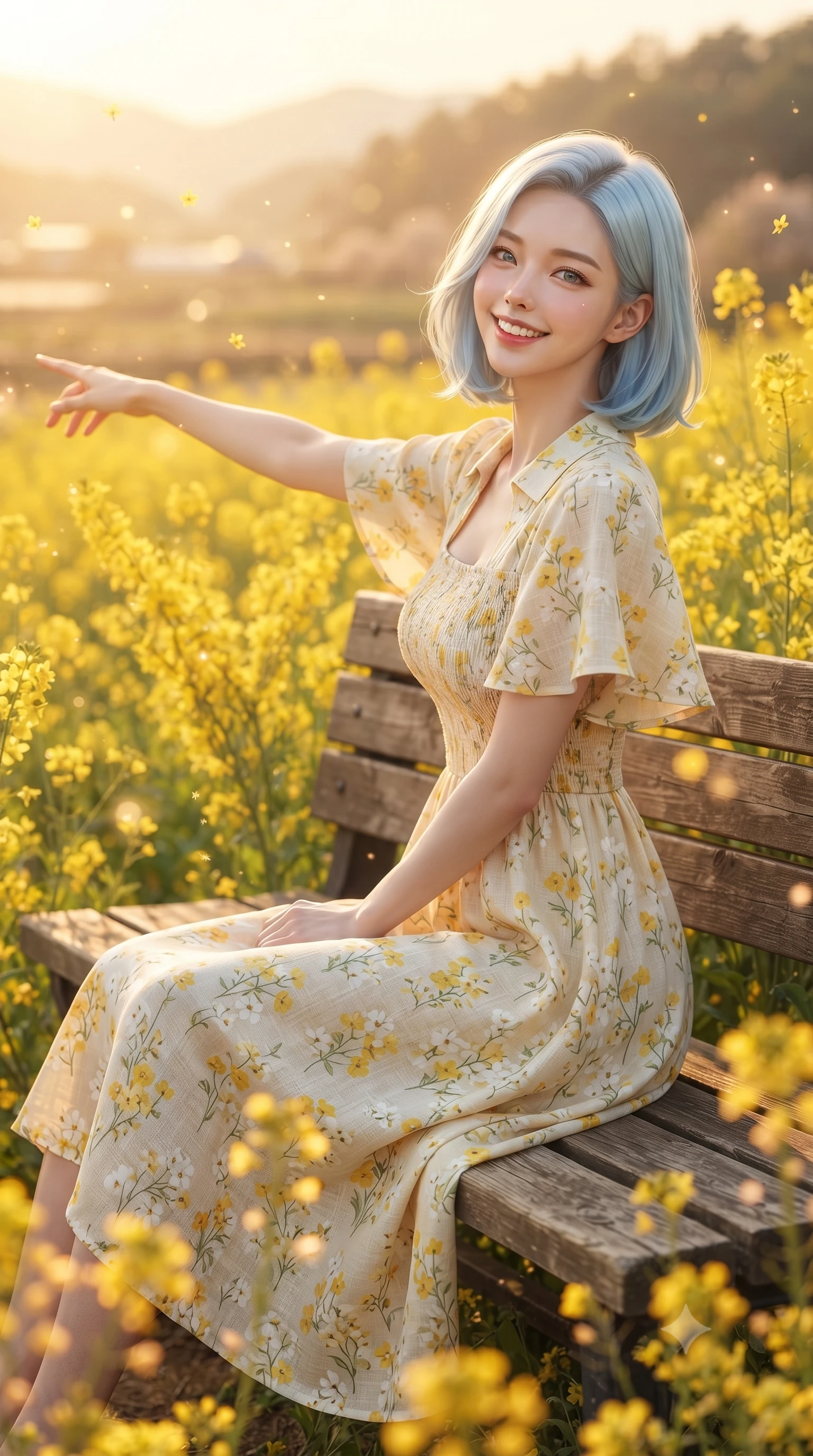 score_9, masterpiece, best quality, ultra-detailed, high-budget anime keyframe, editorial fashion photography, tasteful artistic composition, Korean woman. close-up cowboy shot from the waist and thighs up, the character dominates the composition, filling the frame with her large presence. extending one arm gracefully toward the scenery while turning back with an infectious, heartwarming smile while sitting cheerfully on a rustic wooden bench amidst blooming yellow blossoms, eyes twinkling with warm affection. The composition keeps background elements in soft focus with creamy bokeh. warm golden hour sunset rays and floating flower dust scattering radiant bokeh motes. She has an exceptionally elegant, slender, and willowy female figure with an ultra-slim waist, a gracefully sculpted slender torso, toned flat midriff, and a refined slim silhouette. sharp v-shaped jawline, high-bridge nose, intricate jewel-like eyes with depth, thick eyelashes, glossy lips with a natural sheen, pure and lovely fresh girlhood expression, flawlessly proportioned anatomical accuracy, strict slender model proportions, natural body alignment, perfectly sculpted long slender limbs, ultra-slim waistline, clean dynamic posture without body distortion. wearing a sweet square-neck smocked midi dress decorated with delicate wildflower patterns in fresh buttercup yellow and clean cream white, crafted from soft breathable linen that flutters gently in the breeze, featuring elegant flutter sleeves and a graceful open collar, the body-hugging lightweight knit clinging delicately to her slender torso, accentuating her graceful neck and feminine lines. surrounded by a heartwarming, radiant, and delightfully sunny countryside princess aura. ultra-reflective glossy finish, specular highlights, rich natural textures, high-contrast stereoscopic depth, volumetric dynamic lighting, 2k, ultra detail, master piece, 9:16 ratio