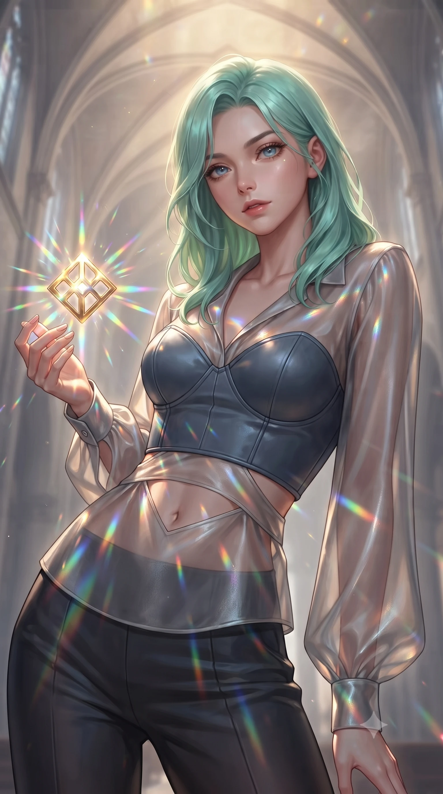 score_9, masterpiece, best quality, ultra-detailed, high-budget anime keyframe, editorial fashion photography, tasteful artistic composition, Japanese woman. close-up cowboy shot from the waist and thighs up, the character dominates the composition, filling the frame with her large presence, background elements kept in soft focus. Leaning slightly forward with a composed, seductive gaze under soft glowing light touching a floating golden icon surrounded by kaleidoscope light rays, majestic vaulted ceilings rising high into a luminous atmosphere. She has an exceptionally elegant, slender, and willowy female figure with an ultra-slim waist, a gracefully sculpted slender torso, and a refined silhouette. sharp v-shaped jawline, high-bridge nose, intricate jewel-like eyes with depth, thick eyelashes, glossy lips with a natural sheen. wearing a tailored leather bustier over a sheer silk chiffon blouse in slate blue and metallic silver, crafted from smooth liquid silk, featuring subtle geometric cutouts that highlight her ultra-slim midriff, the elegant draped fit framing her graceful clavicle and slender torso. illuminated by a warm golden key light and brilliant multi-color rim light. ultra-reflective glossy finish, specular highlights, metallic sheen, high-contrast stereoscopic depth, volumetric dynamic lighting, 2k, ultra detail, master piece, 9:16 ratio