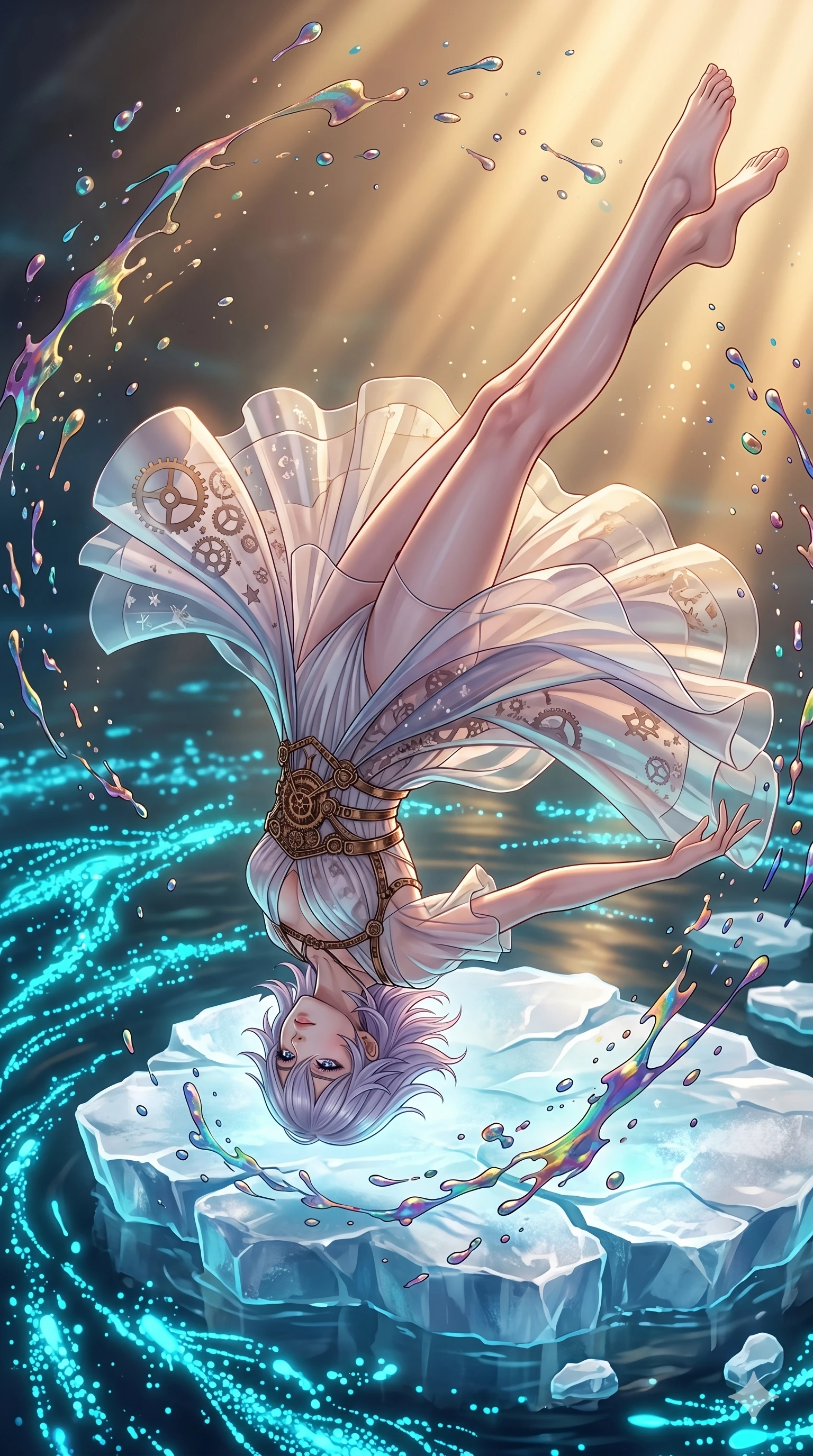 score_9, masterpiece, best quality, ultra-detailed, high-budget anime keyframe, editorial fashion photography, tasteful artistic composition, Japanese woman. upper body close-up from the thighs up, character filling the screen for maximum presence. performing an aerial flip over on a floating ice floe in a sea of glowing cyan bioluminescent plankton while iridescent paint splatters suspend in mid-air around her. She has an absolutely perfect 8-heads proportion, an exceptionally tall and slender female figure with impossibly long slender legs and an ultra-slim waist. V-shaped jawline, high-bridge nose, intricate jewel-like eyes with depth, thick eyelashes, glossy lips with a natural sheen.. wearing a chrono-gear wire harness couture, featuring micro-bronze gear wire harness cinching her waist over a translucent layered silk organza midi dress with full lining. showcasing a beautiful play of light and shadow, with warm golden rays clashing against cool cyan highlights. 2k, ultra detail, master piece, 9:16 ratio