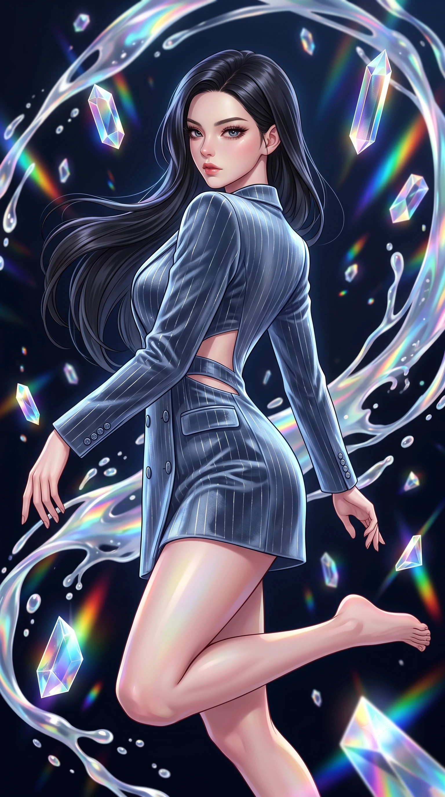 score_9, masterpiece, best quality, ultra-detailed, high-budget anime keyframe, editorial fashion photography, tasteful artistic composition, Korean woman. close-up cowboy shot from the waist and thighs up, the character dominates the composition, filling the frame with her large presence, background elements kept in soft focus. Pivoting sharply while looking back over her shoulder with heavy lashes and a confident, intense gaze while leaping gracefully through mid-air inside a zero-gravity void filled with floating crystal prisms, viscous opal liquid trails swirling around her silhouette in fluid zero-gravity arcs. She has an exceptionally elegant, slender, and willowy female figure with an ultra-slim waist, a gracefully sculpted slender torso, and a refined silhouette. sharp v-shaped jawline, high-bridge nose, intricate jewel-like eyes with depth, thick eyelashes, glossy lips with a natural sheen, flawlessly proportioned anatomical accuracy, natural body alignment, perfectly sculpted elegant limbs, clean dynamic posture without body distortion. wearing a double-breasted blazer dress with subtle metallic pin-stripes in slate blue and metallic silver, made of premium stretch velvet with a rich sheen, featuring clean architectural cutouts along her slender torso, the tailored fabric tightly following every curve of her athletic build. bathed in brilliant multi-color rainbow light refracting through floating glass prisms. highly saturated vibrant anime colors, detailed shading with soft gradients, rich glossy textures, high-contrast stereoscopic depth, volumetric dynamic lighting, master piece, 9:16 ratio