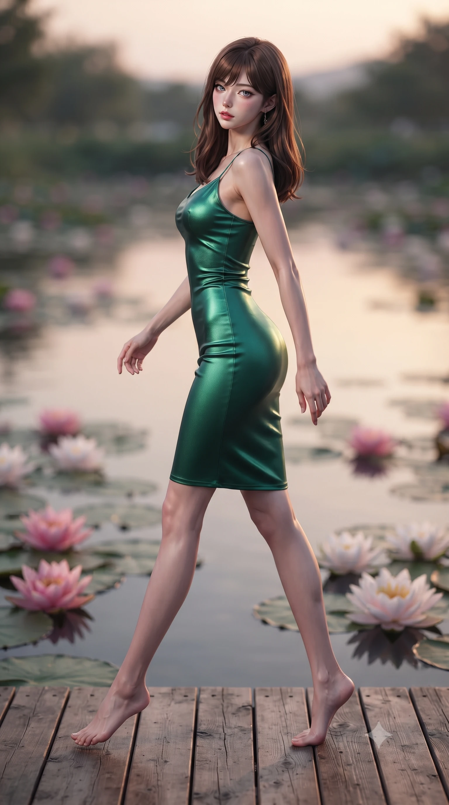 score_9, masterpiece, best quality, ultra-detailed, high-budget anime keyframe, editorial fashion photography, tasteful artistic composition, Korean woman woman. low angle full-body shot from head to toe showing her feet, filling the entire 9:16 vertical frame with her statuesque presence, stretching her vertical silhouette. stepping gracefully while looking back over her shoulder, her dress draped tightly to reveal her silhouette the background shows a soft-focus a wooden deck overlooking a calm Zen pond filled with blooming pink water lilies. She has an absolutely perfect, statuesque 8.5-heads proportion, an exceptionally tall and slender model-like female figure with impossibly long slender legs and an ultra-slim waist. sharp v-shaped jawline, high-bridge nose, intricate jewel-like eyes with depth, thick eyelashes, glossy lips with a natural sheen. wearing a body-hugging form-contouring emerald green silk slip dress that hugs her slender waist and hips. soft twilight glow reflecting on the still water surface. ultra-reflective glossy finish, specular highlights, metallic sheen, high-contrast stereoscopic depth, volumetric dynamic lighting, 2k, ultra detail, master piece, 9:16 ratio