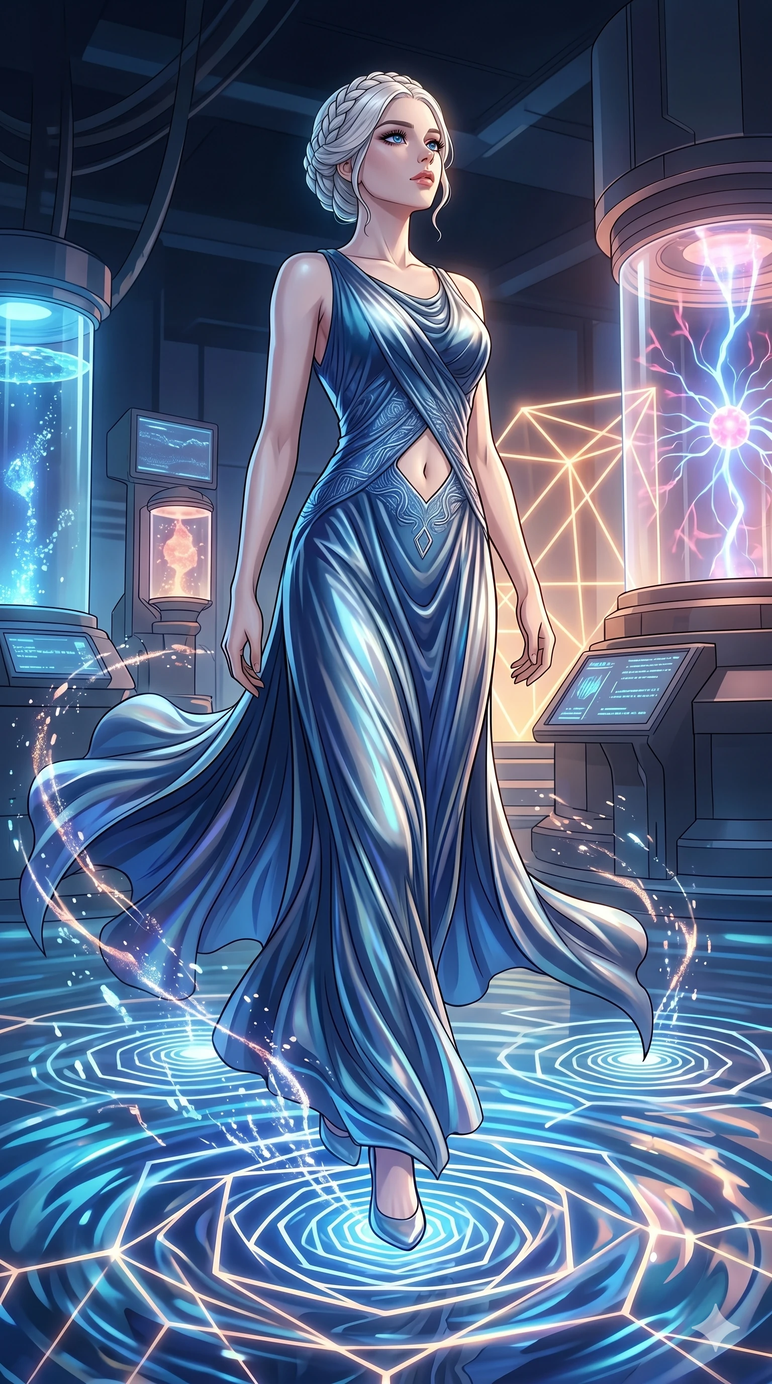 score_9, masterpiece, best quality, ultra-detailed, High-budget Anime Keyframe, vibrant colors, fluid line-art, expressive lighting, cinematic composition, Ufotable-style visual effects, top-tier animation quality, Caucasian woman with pale skin and refined features. Low angle cowboy shot filling the entire 9:16 frame with her statuesque presence, looking up to emphasize her height. Walking upon a surface of vibrating fluid that reacts to her every step with geometric ripples. She has an absolutely perfect 8-heads proportion, an exceptionally tall and slender female figure with impossibly long slender legs and an ultra-slim waist, her statuesque height and towering silhouette dominating the vertical 9:16 frame. Her face is a masterpiece featuring a sharp v-shaped jawline, high-bridge nose, intricate jewel-like eyes with depth, thick eyelashes, and glossy lips with a natural sheen. She is wearing a Flowing silk gown that ripples like liquid, featuring a small diamond-shaped cutout at the navel. The scene is set in a futuristic vibration lab filled with glowing resonators and liquid displays. 2k, ultra detail, master piece, 9:16 ratio