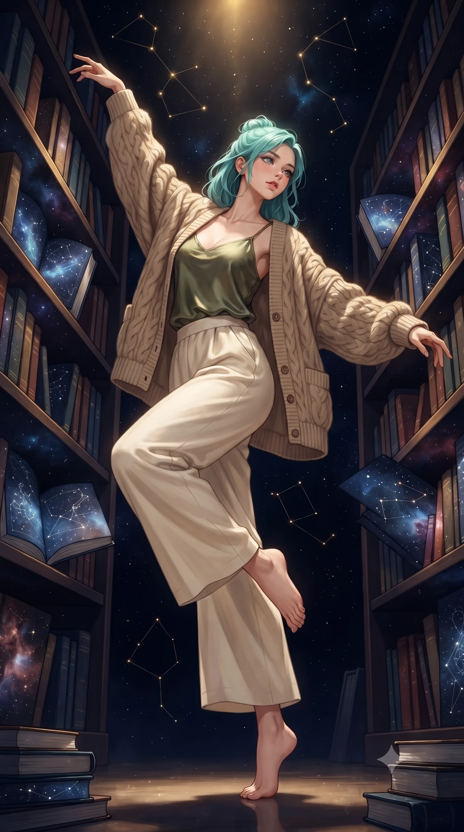 score_9, masterpiece, best quality, ultra-detailed, high-budget anime keyframe, editorial fashion photography, tasteful artistic composition, Japanese woman. low angle full-body shot from head to toe showing her feet, filling the entire 9:16 vertical frame with her statuesque presence, stretching her vertical silhouette. dancing with weightless grace through an impossible library where living star charts serve as pages in books of dark matter the constellation figures physically moving along bookshelves made of compressed starlight and nebula dust. She has a statuesque 8.5-heads proportion, an exceptionally tall, slender and willowy model-like build with impossibly long legs and a highly sculpted ultra-slim waist. sharp v-shaped jawline, high-bridge nose, intricate jewel-like eyes with depth, thick eyelashes, glossy lips with a natural sheen. wearing a cozy beige cable-knit cardigan over an olive green silk slip top and cream-colored wide-leg pants. dramatic chiaroscuro with a single golden key light sculpting her silhouette. 2k, ultra detail, master piece, 9:16 ratio