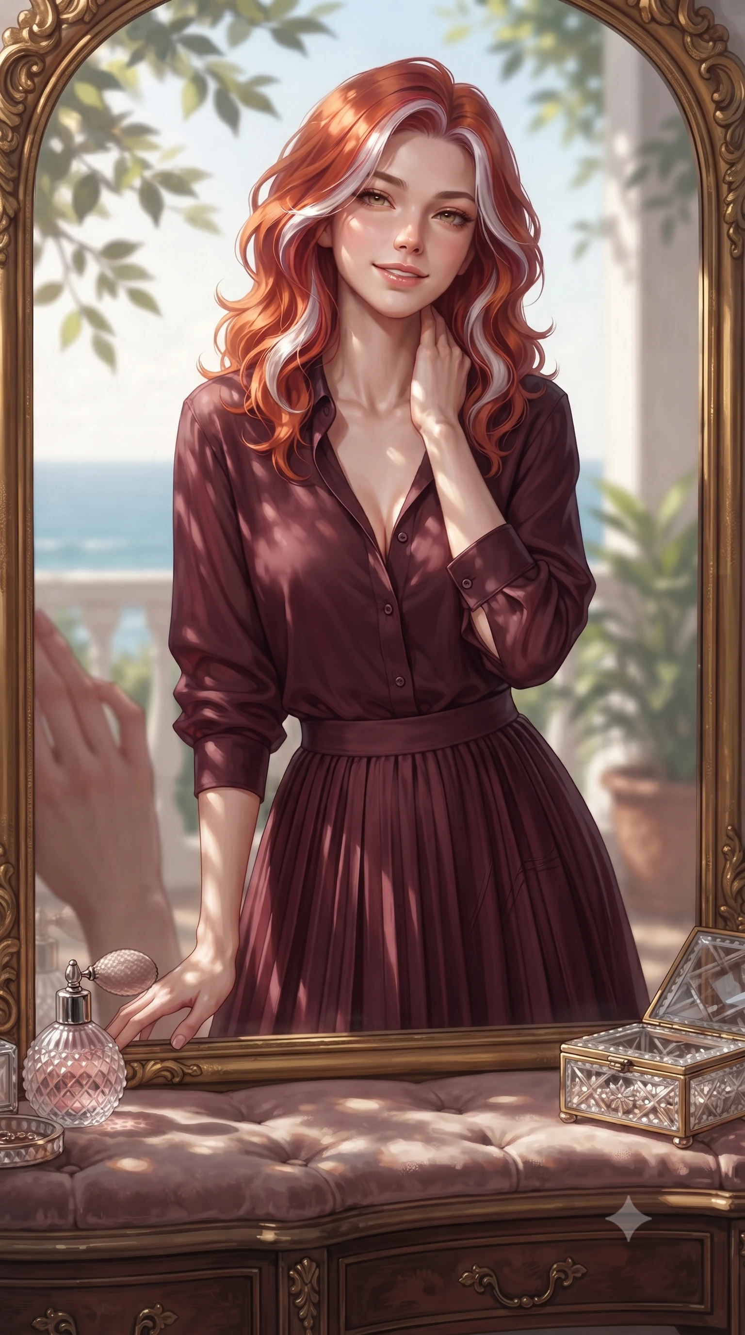 score_9, masterpiece, best quality, ultra-detailed, high-budget anime keyframe, editorial fashion photography, tasteful artistic composition, Caucasian woman. close-up cowboy shot from the waist and thighs up, the character dominates the composition, filling the frame with her large presence, background elements kept in soft focus. gazing into a gilded mirror reflection with a confident, sensual smile, tracing her neck contour set against a soft-focus background of inside an exclusive coastal veranda with a vintage perfume atomizer and crystal jewelry box reflecting soft light. She has an exceptionally elegant, slender, and willowy female figure with an ultra-slim waist, a gracefully sculpted slender torso, and a refined silhouette. sharp v-shaped jawline, high-bridge nose, intricate jewel-like eyes with depth, thick eyelashes, glossy lips with a natural sheen. wearing form-contouring deep burgundy semi-opaque chiffon casual linen button-down shirt paired with a flowy pleated midi skirt featuring refined tailored seams. highlighted by dappled sunlight filtering through leafy branches, creating soft organic patterns. ultra-reflective glossy finish, specular highlights, metallic sheen, high-contrast stereoscopic depth, volumetric dynamic lighting, 2k, ultra detail, master piece, 9:16 ratio