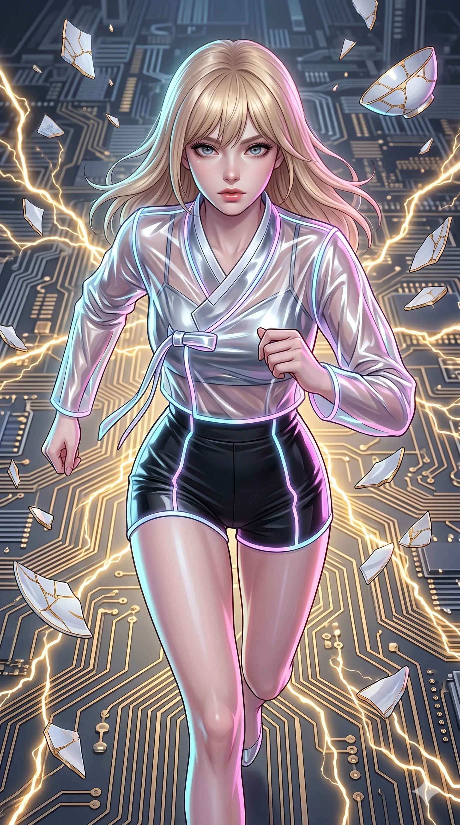 score_9, masterpiece, best quality, ultra-detailed, high-budget anime keyframe, editorial fashion photography, tasteful artistic composition, Japanese woman. upper body close-up from the thighs up, character filling the screen for maximum presence. sprinting along in a microchip labyrinth where golden electricity flows visibly along pathways as shards of porcelain and gold kintsugi float in suspension. She has an absolutely perfect 8-heads proportion, an exceptionally tall and slender female figure with impossibly long slender legs and an ultra-slim waist. V-shaped jawline, high-bridge nose, intricate jewel-like eyes with depth, thick eyelashes, glossy lips with a natural sheen.. wearing a vinyl liquid silver fusion hanbok, featuring a translucent chrome-silver vinyl jeogori, high-waist black high-waist fitted shorts, and glowing neon wire trims with a refined V-neckline detail. enhanced by a luminous pastel spectrum glow, casting elegant rim lights on her shoulders and jawline. 2k, ultra detail, master piece, 9:16 ratio
