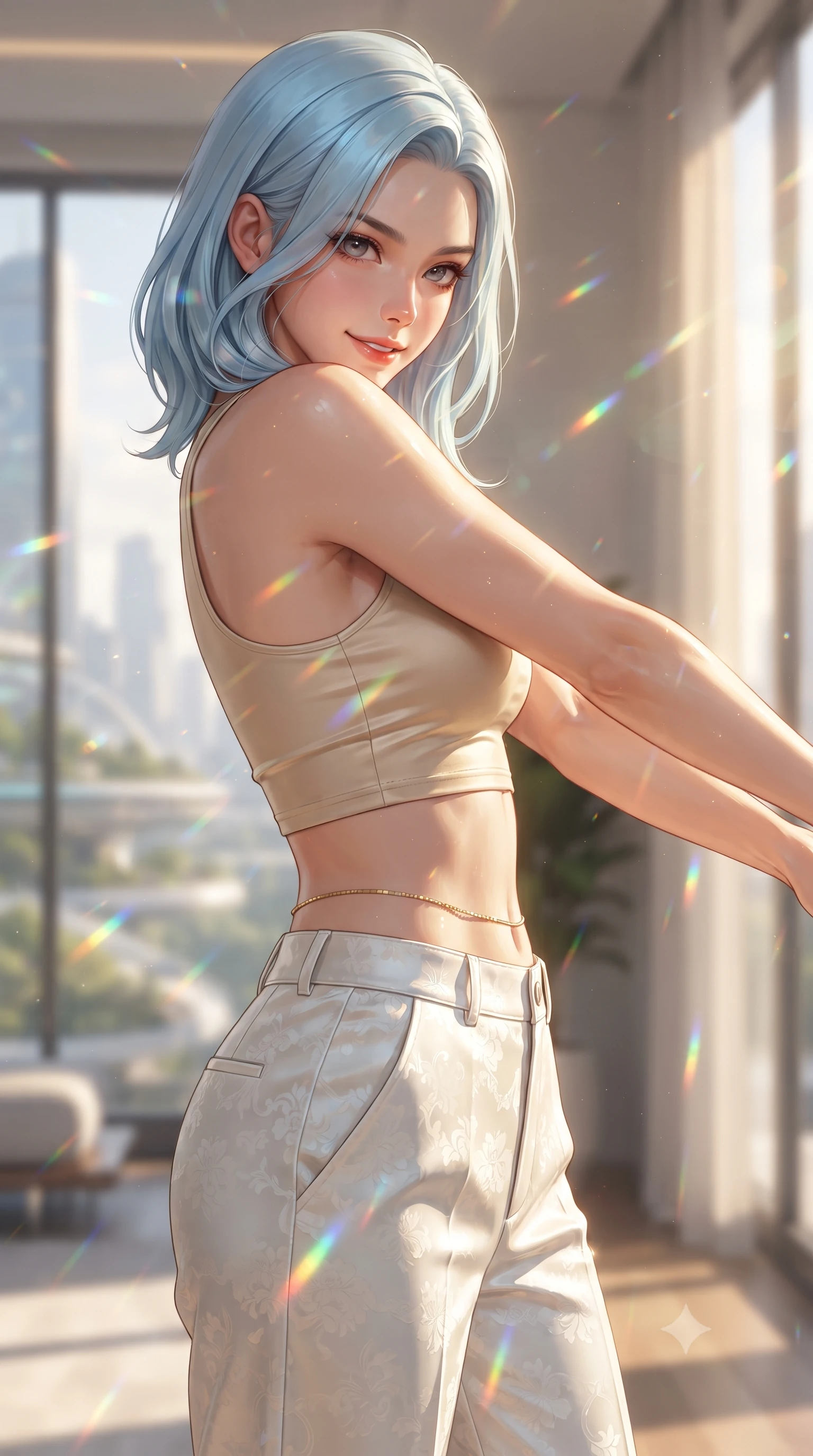 score_9, masterpiece, best quality, ultra-detailed, high-budget anime keyframe, editorial fashion photography, tasteful artistic composition, Korean woman. close-up cowboy shot from the waist and thighs up, the character dominates the composition, filling the frame with her large presence. turning over a bare shoulder with an intoxicating, teasing smile, her soft hair framing her sharp jawline as she looks back while stretching languidly as golden afternoon sunlight warms her bare shoulders, gazing into the lens with relaxed sensuality. The composition keeps background elements in soft focus with creamy bokeh. sunlight prism refractions through solar glass scattering dancing rainbow light motes across the room. She has an exceptionally elegant, slender, and willowy female figure with an ultra-slim waist, a gracefully sculpted slender torso, toned flat midriff, and a refined slim silhouette. sharp v-shaped jawline, high-bridge nose, intricate jewel-like eyes with depth, thick eyelashes, glossy parted lips with a natural sheen, intensely captivating and seductive expression, flawlessly proportioned anatomical accuracy, strict slender model proportions, natural body alignment, perfectly sculpted long slender limbs, ultra-slim waistline, clean dynamic posture without body distortion. wearing an aerodynamic eco-chic racerback crop tank with high-waisted white utility trousers in sun-kissed champagne and warm terracotta, tailored from smooth liquid silk satin with subtle floral jacquard, accented with an ultra-slim golden waist chain accentuating her flat midriff, the form-contouring material adhering flawlessly to her sculpted flat midriff and slender torso, emphasizing her long leg lines and perfectly proportioned willowy build. surrounded by an optimistic, radiant, and breathlessly beautiful eco-utopian goddess aura. ultra-reflective glossy finish, specular highlights, rich textural contrasts, high-contrast stereoscopic depth, volumetric dynamic lighting, 2k, ultra detail, master piece, 9:16 ratio