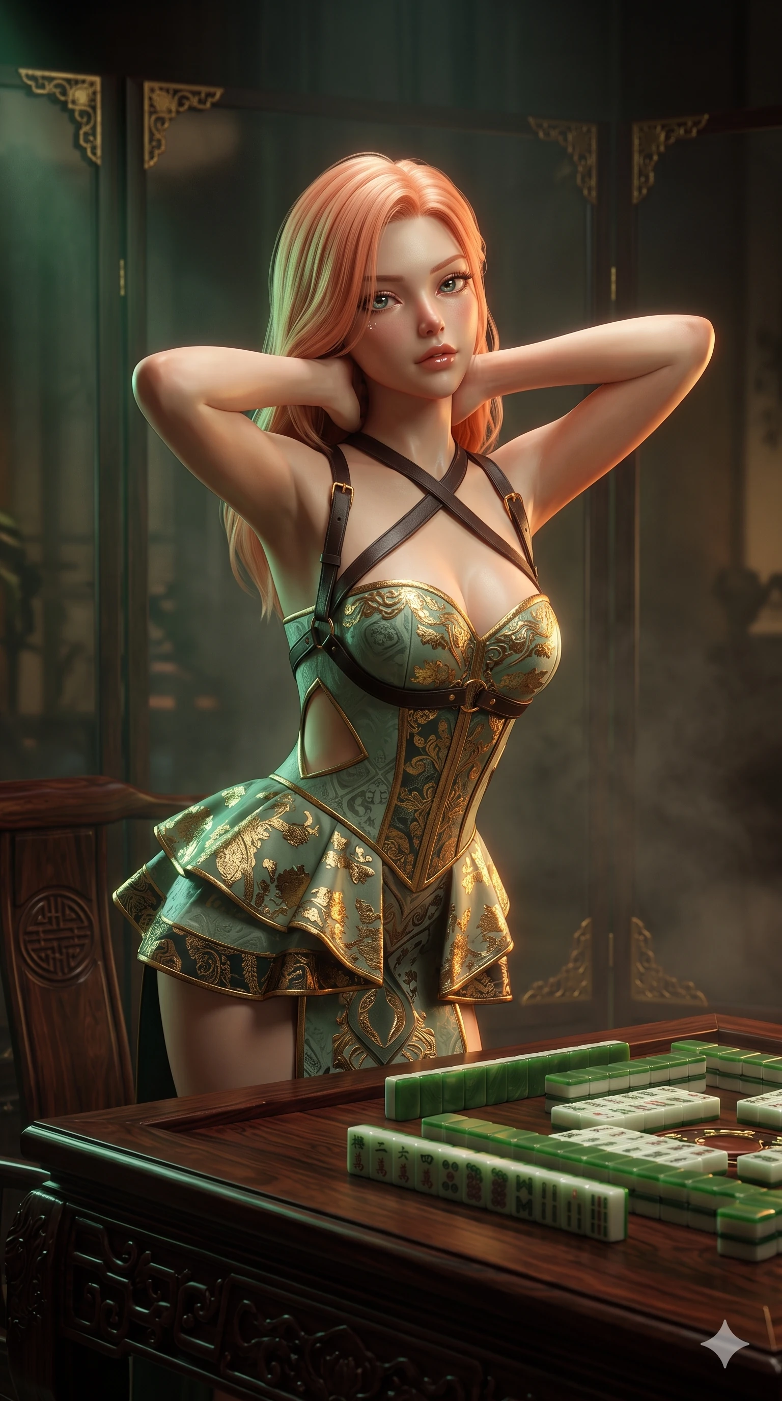 score_9, masterpiece, best quality, ultra-detailed, high-budget anime keyframe, semi-realistic 3D game render, editorial fashion photography, tasteful artistic composition, Japanese woman. close-up cowboy shot from the waist and thighs up, the character dominates the composition, filling the frame with her large presence. resting both hands lightly behind her neck with elbows raised, arching her spine to highlight her narrow waist, flat midriff, and breathtaking collarbones while leaning over the carved rosewood gaming table with hips cocked back, looking through smoked glass partitions with heavy-lidded seductive bedroom-eyes. The surrounding environment is rendered in vivid detail and crisp panoramic clarity: sharp hand-carved jade mahjong tile glyphs, mirror reflections on smoked glass, and crisp brass corner brackets in deep focus. She has an exceptionally elegant, slender, and willowy female figure with an ultra-slim waist, flat toned midriff, narrow ribcage, and sculpted feminine hips creating an alluring, slim hourglass silhouette without bulk. sharp v-shaped jawline, high-bridge nose, intricate jewel-like sparkling eyes with depth, thick eyelashes, glossy parted lips with a natural sheen, intensely captivating and seductive bedroom-eyes expression, exuding both youthful cute charm and sovereign luxury allure, flawlessly proportioned anatomical accuracy, strict slender model proportions, natural body alignment, perfectly sculpted long slender limbs, ultra-slim waistline, clean dynamic posture without body distortion. wearing a modern peplum corset dress with side-waist diamond cutouts and an ultra-tight silhouette in celadon jade and antique gold-leaf, tailored from heavy double-faced silk georgette with an exceptionally fluid drape, featuring an open-back criss-cross harness strap in dark leather, the bespoke structured tailoring following the natural line of her 8.5-heads silhouette with refined elegance. bathed in low-key, high-contrast chiaroscuro lighting with narrow green and amber spotlights on the gaming table. highly saturated vibrant anime colors, detailed shading with soft gradients, rich glossy textures, high-contrast stereoscopic depth, volumetric dynamic lighting, master piece, 9:16 ratio