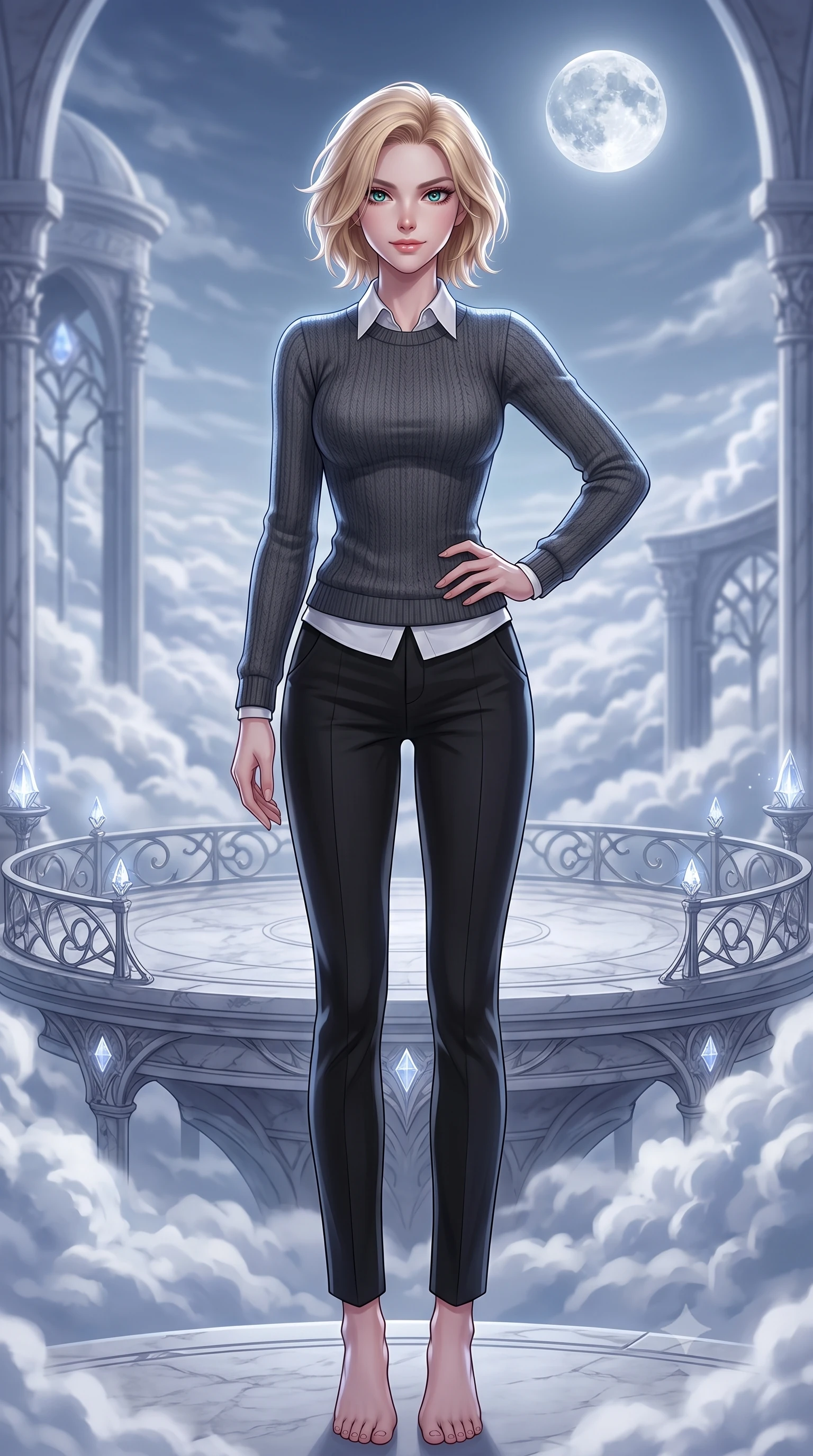 score_9, masterpiece, best quality, ultra-detailed, high-budget anime keyframe, editorial fashion photography, tasteful artistic composition, Caucasian woman. low angle full-body shot from head to toe showing her feet, filling the entire 9:16 vertical frame with her statuesque presence, stretching her vertical silhouette. posing confidently with one hand on her hip, stretching her statuesque body to emphasize her curves the background shows a soft-focus a floating marble terrace above a sea of clouds illuminated by a full silver moon. She has an absolutely perfect, statuesque 8.5-heads proportion, an exceptionally tall and slender model-like female figure with impossibly long slender legs and an ultra-slim waist. sharp v-shaped jawline, high-bridge nose, intricate jewel-like eyes with depth, thick eyelashes, glossy lips with a natural sheen. wearing a body-hugging cozy charcoal grey knit sweater over a white collared shirt and black slacks. ethereal cool moonlight wrapping her silhouette in a radiant silver rim light. highly saturated vibrant anime colors, detailed shading with soft gradients, rich glossy textures, high-contrast stereoscopic depth, volumetric dynamic lighting, master piece, 9:16 ratio