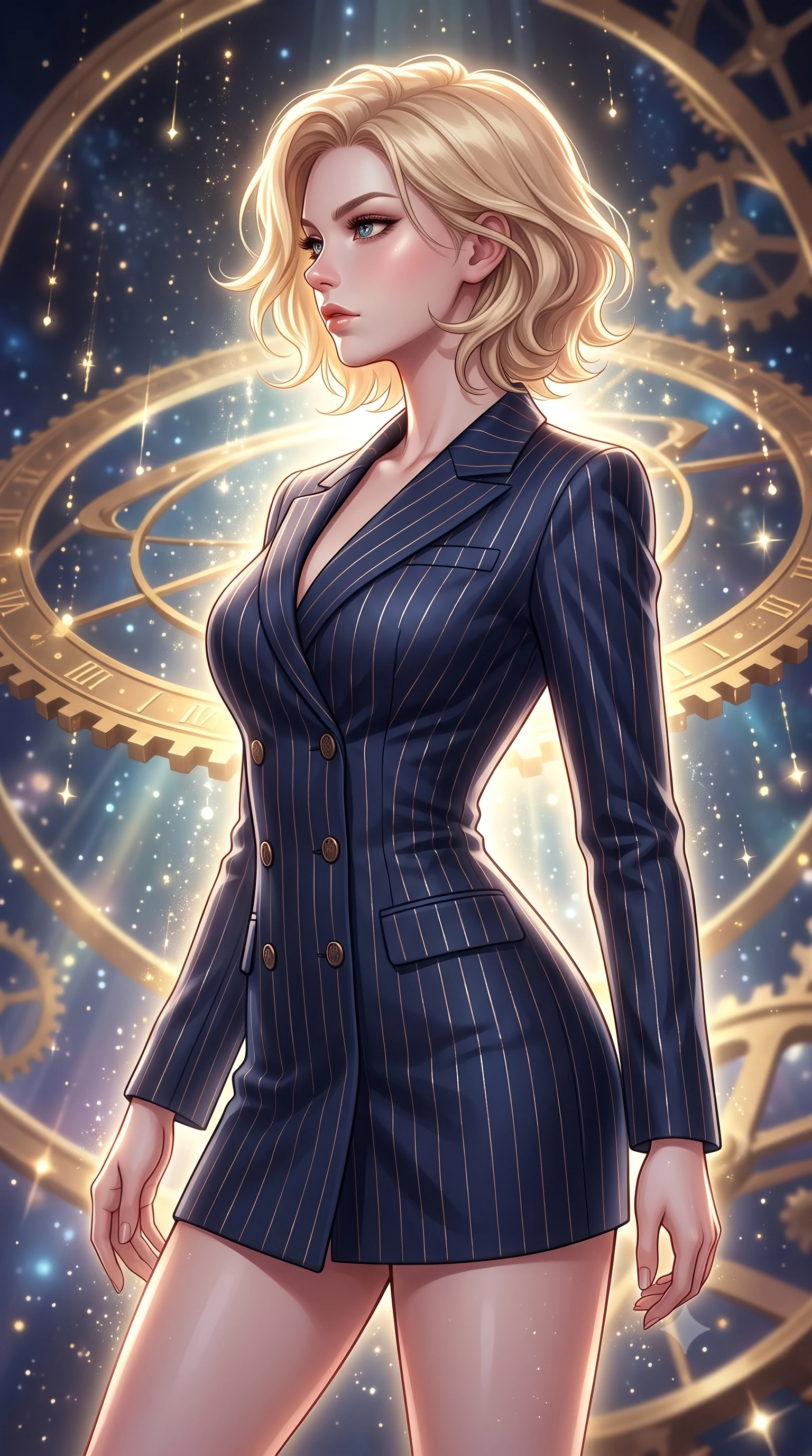 score_9, masterpiece, best quality, ultra-detailed, high-budget anime keyframe, editorial fashion photography, tasteful artistic composition, Caucasian woman. close-up cowboy shot from the waist and thighs up, the character dominates the composition, filling the frame with her large presence, background elements kept in soft focus. Turning her face in sharp dramatic profile against the bright light, showcasing her sharp v-shaped jawline inside a floating cosmic observatory with golden astrolabe rings, starlight particles falling like a golden shower around her. She has an exceptionally elegant, slender, and willowy female figure with an ultra-slim waist, a gracefully sculpted slender torso, and a refined silhouette. sharp v-shaped jawline, high-bridge nose, intricate jewel-like eyes with depth, thick eyelashes, glossy lips with a natural sheen. wearing a tailored double-breasted blazer dress in navy with subtle metallic pin-stripes, the tailored fabric tightly following every curve of her athletic build. surrounded by a glowing aura of starlight and shimmering celestial rays. highly saturated vibrant anime colors, detailed shading with soft gradients, rich glossy textures, high-contrast stereoscopic depth, volumetric dynamic lighting, master piece, 9:16 ratio