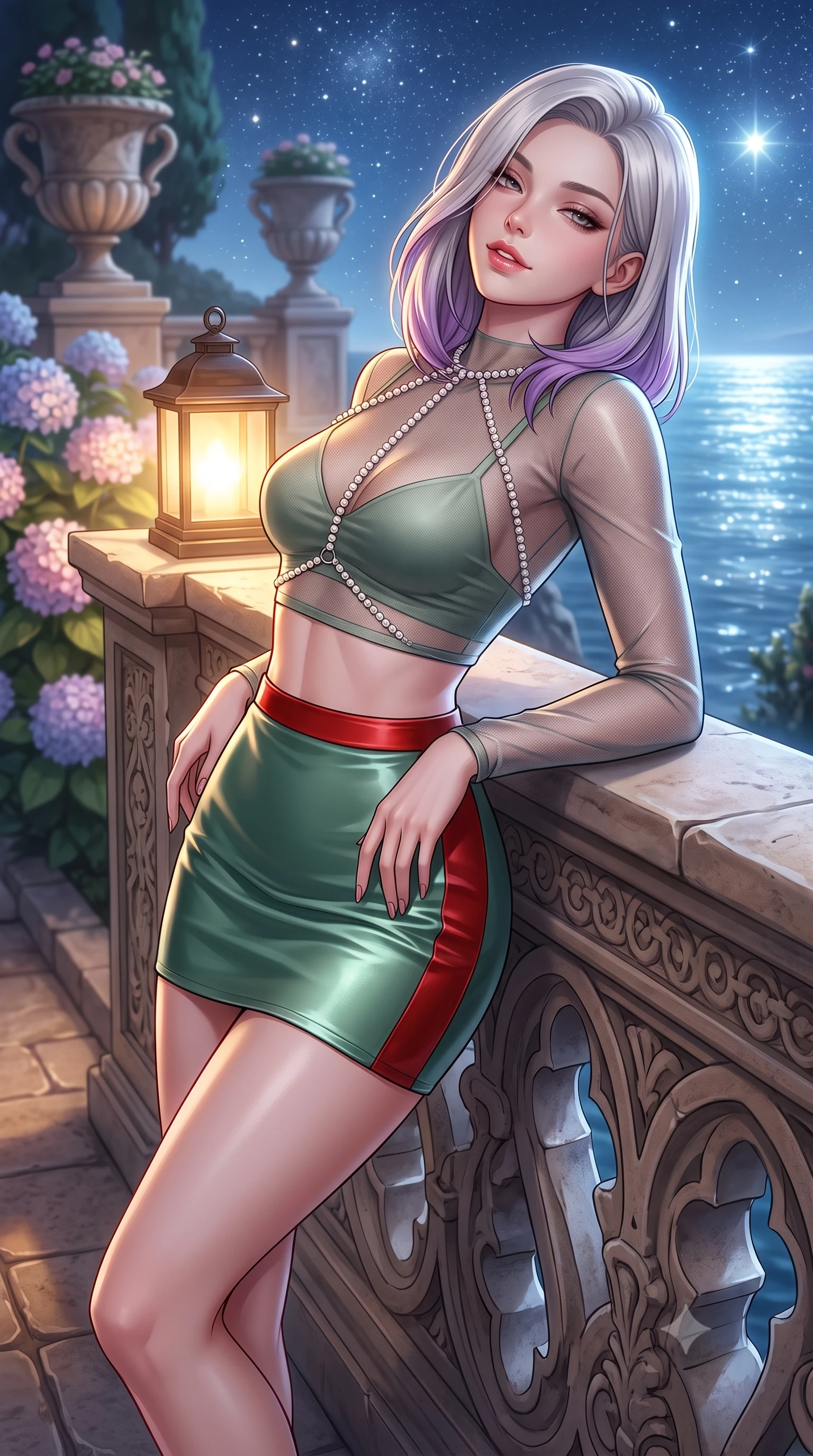 score_9, masterpiece, best quality, ultra-detailed, high-budget anime keyframe, semi-realistic 3D game render, editorial fashion photography, tasteful artistic composition, Caucasian woman. close-up cowboy shot from the waist and thighs up, the character dominates the composition, filling the frame with her large presence. leaning back against the balustrade with relaxed seductive grace, head tilted back slightly while casting a hypnotic, heavy-lidded gaze while standing framed beside the famous Moorish-Romanesque stone arch of the clifftop terrace, arching her back with breathtaking aristocratic poise high above the sea. The background shows a soft-focus blooming hydrangeas and stone urns softened in historic Italian garden shallow focus. She has an exceptionally elegant, slender, and willowy female figure with an ultra-slim waist, flat toned midriff, narrow ribcage, and sculpted feminine hips creating an alluring, slim hourglass silhouette without bulk. sharp v-shaped jawline, high-bridge nose, sparkling eyes with hypnotic seductive depth, thick curled eyelashes, glossy parted lips with a natural dewy peach sheen, alluring bedroom-eyes with an enchanting coquettish smile, exuding magnetic siren charisma and sophisticated glamour, flawlessly proportioned anatomical accuracy, strict slender model proportions, natural body alignment, perfectly sculpted long slender limbs, ultra-slim waistline, clean dynamic posture without body distortion. wearing a sheer mesh long-sleeve crop top over an opaque strappy micro-bralette and a sleek leatherette mini skirt in Kyoto bamboo jade and lacquer vermilion, crafted from fluid liquid silk satin that clings smoothly to every curve with a dewy sheen, accented with a pearl-drop body harness subtly framing her dewy collarbones and spine, the second-skin tailored fabric adhering flawlessly to her sculpted flat midriff and slender torso, emphasizing her long leg lines and perfectly proportioned willowy build. bathed in warm 2800K garden walkway lantern light combined with brilliant celestial starlight. highly saturated vibrant anime colors, detailed shading with soft gradients, rich glossy textures, high-contrast stereoscopic depth, volumetric dynamic lighting, master piece, 9:16 ratio