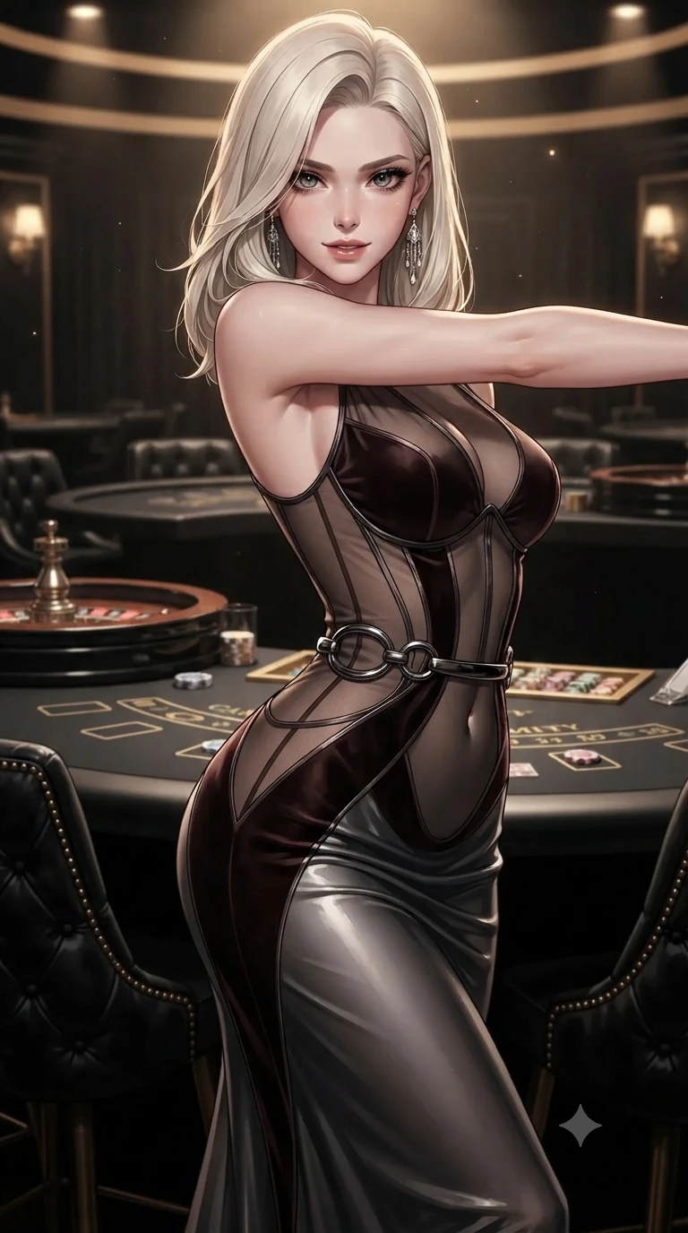 score_9, masterpiece, best quality, ultra-detailed, high-budget anime keyframe, editorial fashion photography, tasteful artistic composition, Caucasian woman. close-up cowboy shot from the waist and thighs up, the character dominates the composition, filling the frame with her large presence. twisting her slender torso in a deep contrapposto stance, hips dramatically shifted to accentuate her feminine curves while standing tall beside the high-roller private salon bar, arching her spine with sovereign dark glamour as chandelier prisms glint in her hair. The surrounding environment is rendered in vivid detail and crisp panoramic clarity: sharp card shoe titanium mechanisms, mother-of-pearl casino chip inlays, and tufted black velvet salon chairs in deep focus. She has an exceptionally elegant, slender, and willowy female figure with an ultra-slim waist, flat toned midriff, narrow ribcage, and sculpted feminine hips creating an alluring, slim hourglass silhouette without bulk. sharp v-shaped jawline, high-bridge nose, intricate jewel-like dark sparkling eyes with hypnotic seductive depth, thick curled eyelashes, glossy parted lips with a natural wine sheen, alluring bedroom-eyes with an enigmatic smoldering smile, exuding magnetic sovereign charisma and dark avant-garde glamour, flawlessly proportioned anatomical accuracy, strict slender model proportions, natural body alignment, perfectly sculpted long slender limbs, ultra-slim waistline, clean dynamic posture without body distortion. wearing a sheer-illusion mesh corset gown with strategic opaque velvet panels framing her waist and hips in dark mahogany and brushed gunmetal, made of liquid dark mercury jersey with seamless sculpting hold and fluid drape, accented with sculpted obsidian chrome rings at the waist, accentuating her gracefully sculpted slender torso and statuesque proportions. bathed in warm, focused pin-spot lighting over the black gaming tables contrasted with pitch-black intimate lounge shadows. ultra-reflective glossy finish, specular highlights, metallic sheen, high-contrast stereoscopic depth, volumetric dynamic lighting, 2k, ultra detail, master piece, 9:16 ratio