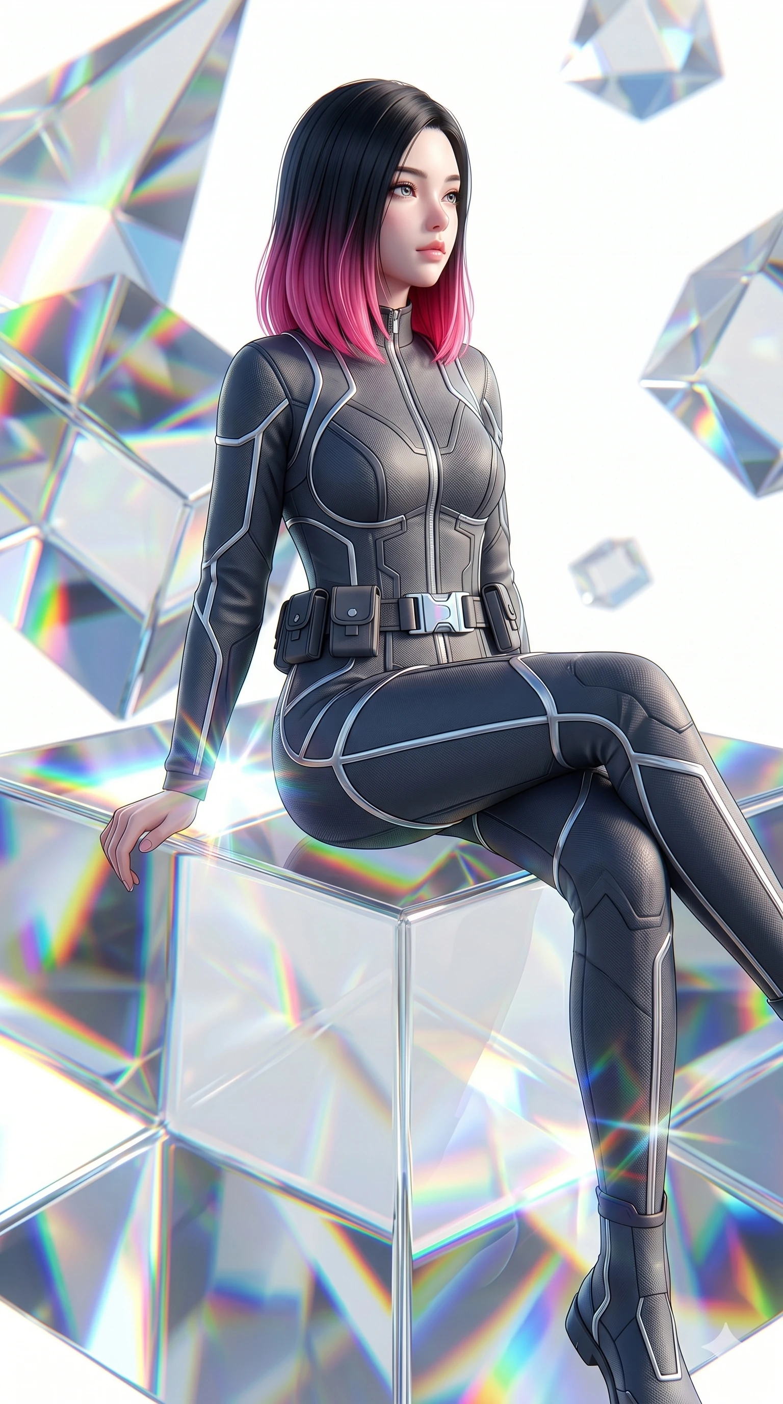 score_9, masterpiece, best quality, ultra-detailed, high-budget anime keyframe, semi-realistic 3D game render, Korean woman. Upper body close-up from the thighs up, character filling the screen for maximum presence. Inside a giant glass prism floating in a white void, sitting on the edge of the glass, looking out with a serene, dreamy expression. She is wearing a high-fashion tech-jumpsuit with reflective silver piping and a utility belt. The scene is drenched in brilliant rainbow spectrums and sharp specular highlights. 2k, ultra detail, master piece, 9:16 ratio