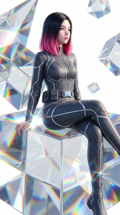 score_9, masterpiece, best quality, ultra-detailed, high-budget anime keyframe, semi-realistic 3D game render, Korean woman. Upper body close-up from the thighs up, character filling the screen for maximum presence. Inside a giant glass prism floatin