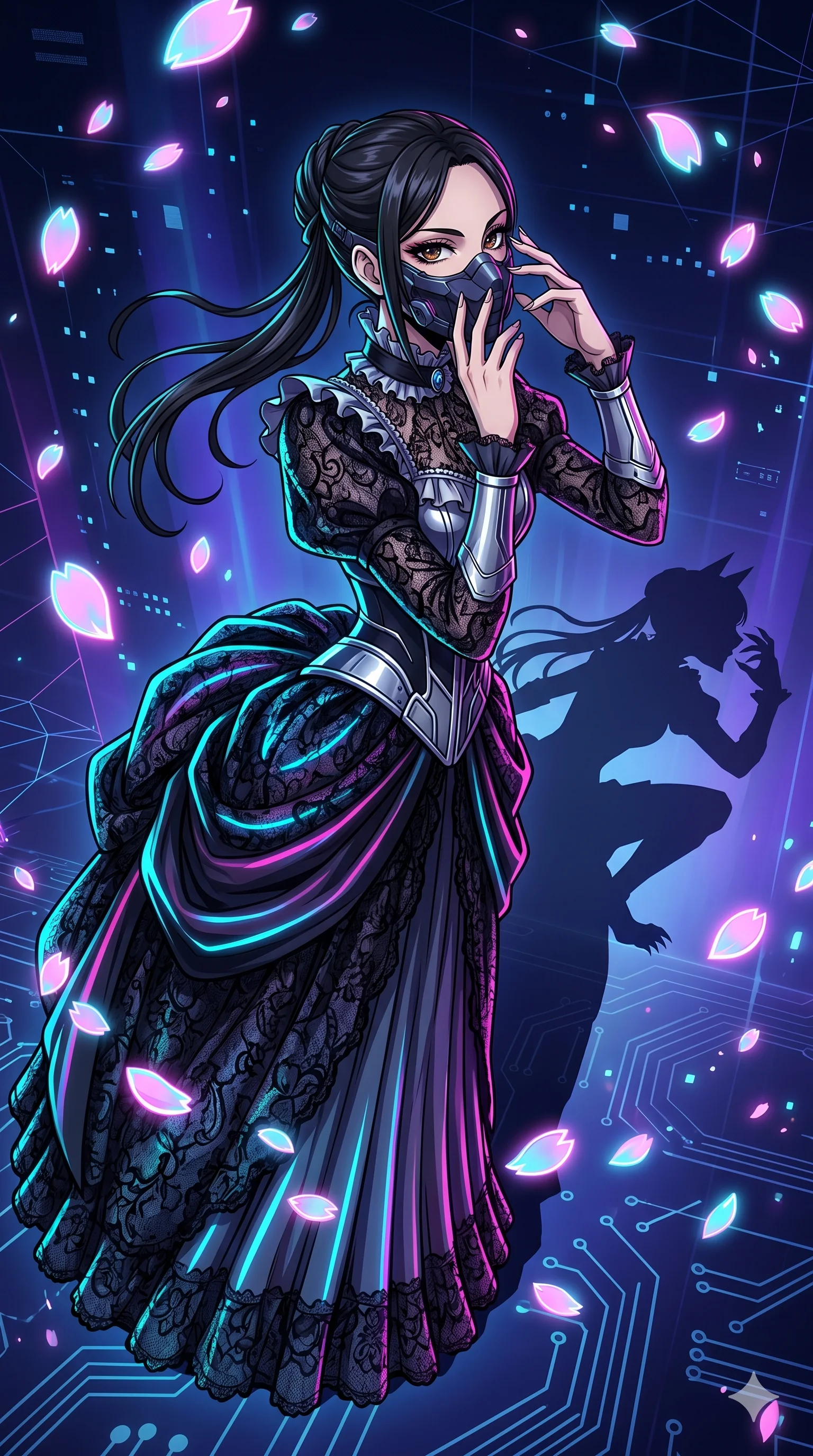 score_9, masterpiece, best quality, ultra-detailed, Set A: High-budget Anime Keyframe, Japanese woman. Low angle cowboy shot filling the entire 9:16 frame with her statuesque presence. Adjusting a mask through a virtual reality void, while her shadow mimics the movements of a predator 55 and surrounded by digital sakura petals. She has an absolutely perfect 8-heads proportion, an exceptionally tall and slender female figure with impossibly long slender legs and an ultra-slim waist. Sharp v-shaped jawline, high-bridge nose, intricate jewel-like eyes with depth, thick eyelashes, glossy lips with a natural sheen. Wearing Victorian-style lace gown with a futuristic glowing bustle and chrome accents. Cinematic lighting, vibrant colors, dramatic shadows, 2k, ultra detail, master piece, 9:16 ratio