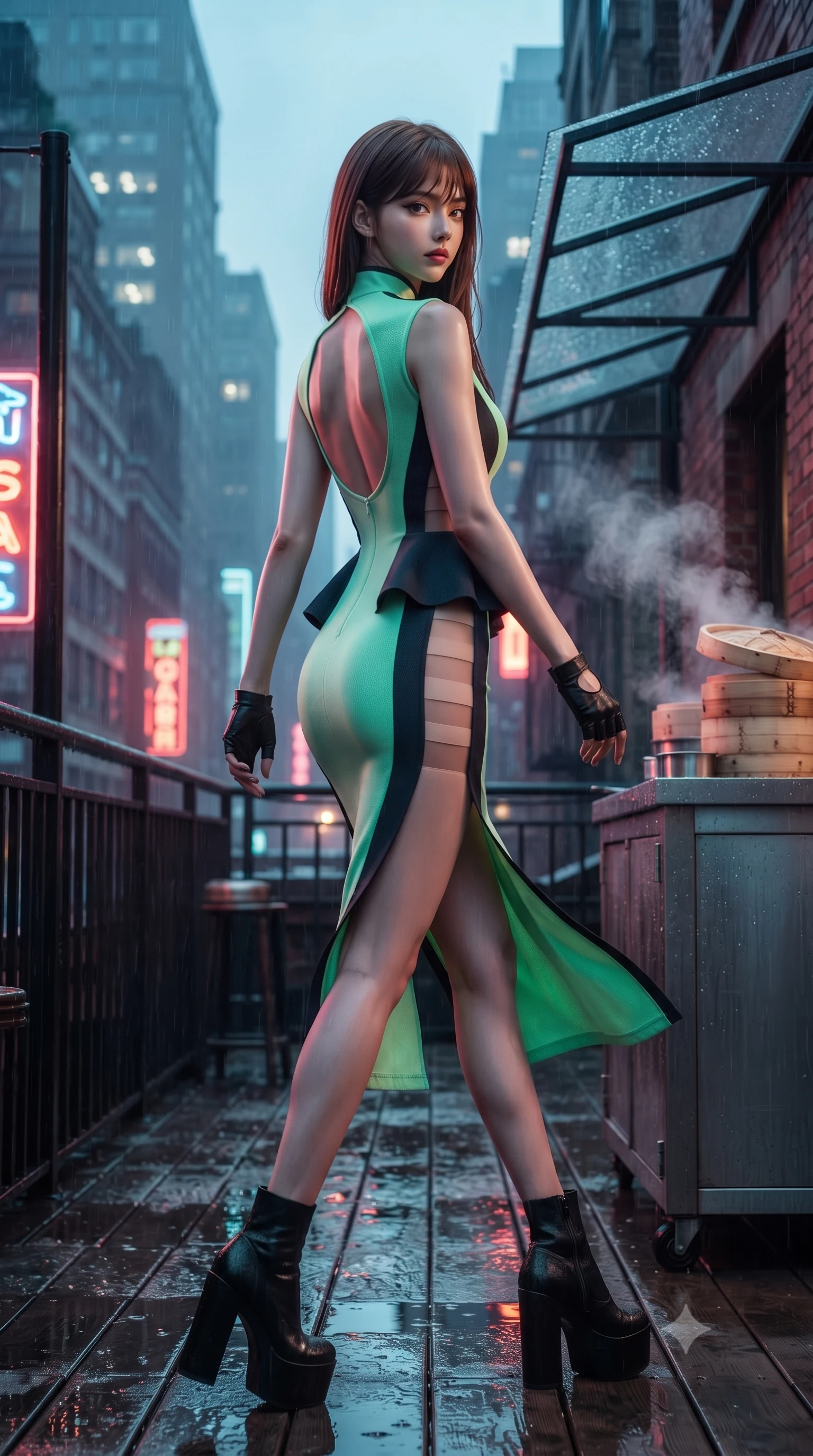 score_9, masterpiece, best quality, ultra-detailed, high-budget anime keyframe, editorial fashion photography, tasteful artistic composition, Korean woman. low angle full-body shot from head to toe showing her feet, filling the entire 9:16 vertical frame with her statuesque presence, stretching her vertical silhouette. posing with back turned slightly to the lens, glancing back with smoldering allure as she arches her lower back to emphasize her sculpted feminine hips and slender waist while striding across the neon-drenched rooftop deck as steam curls from dim sum bamboo steamers, her high-slit dress fluttering to reveal her long slender legs. The composition keeps background elements in soft focus with creamy bokeh. rain-streaked glass awnings and weathered brick penthouse facades softened in moody cinematic focus. She has an absolutely perfect, statuesque 8.5-heads proportion, an exceptionally tall and slender model-like female figure with impossibly long slender legs, a toned flat midriff, an ultra-slim waist, and beautifully sculpted feminine hips. sharp v-shaped jawline, high-bridge nose, intricate jewel-like eyes with depth, thick eyelashes, glossy parted lips with a natural sheen, intensely captivating and seductive bedroom-eyes expression, flawlessly proportioned anatomical accuracy, strict slender model proportions, natural body alignment, perfectly sculpted long slender limbs, ultra-slim waistline, clean dynamic posture without body distortion. wearing a structural geometric peplum cheongsam with sheer side-ribbon cutouts and form-fitting skirt in neon mint green and dark obsidian, made of seamless compression knit with anatomical curves sculpting, accessorized with bold platform boots and fingerless leather gloves, the precision-cut side openings and low-back scoop framing her graceful spine and the sensual sweep of her hips. illuminated by wet specular asphalt bounce lights sharply sculpting her narrow waist and rounded hips. ultra-reflective glossy finish, specular highlights, rich textural contrasts, high-contrast stereoscopic depth, volumetric dynamic lighting, 2k, ultra detail, master piece, 9:16 ratio