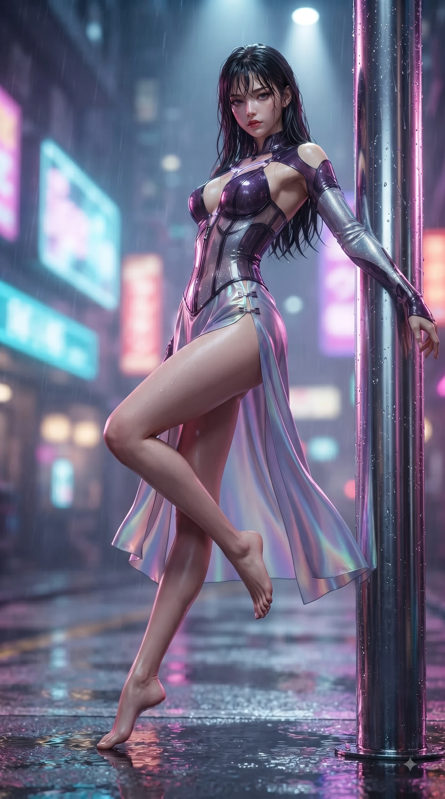 score_9, masterpiece, best quality, ultra-detailed, high-budget anime keyframe, editorial fashion photography, tasteful artistic composition, Korean woman. low angle full-body shot from head to toe showing her feet, filling the entire 9:16 vertical frame with her statuesque presence, stretching her vertical silhouette. leaping through mid-air with an athletic yet alluring arch of her spine, her impossibly long slender legs stretched in flawless poise while leaning against a rain-slicked chrome pillar with a smoldering, dangerous gaze beneath wet bangs. The composition keeps background elements in soft focus with creamy bokeh. wet asphalt reflections and glowing holographic signs softened by shallow depth of field. She has an absolutely perfect, statuesque 8.5-heads proportion, an exceptionally tall and slender model-like female figure with impossibly long slender legs and an ultra-slim waist. sharp v-shaped jawline, high-bridge nose, intricate jewel-like eyes with depth, thick eyelashes, glossy lips with a natural sheen, flawlessly proportioned anatomical accuracy, natural body alignment, perfectly sculpted elegant limbs, clean dynamic posture without body distortion. wearing a translucent cybernetic corset in semi-opaque structured vinyl, combined with detached sleeves and a deep-plunging neckline secured by glowing micro-straps in dark amethyst purple and shimmering starlight silver, made of smooth iridescent silk chiffon that shifts colors with movement, finished with an ultra-high side slit secured by miniature magnetic clasps, the sleek aerodynamic cut emphasizing her magnetic presence and alluring physical grace. bathed in multi-colored neon reflections from wet surfaces and sharp overhead spotlights. ultra-reflective glossy finish, specular highlights, metallic sheen, high-contrast stereoscopic depth, volumetric dynamic lighting, 2k, ultra detail, master piece, 9:16 ratio
