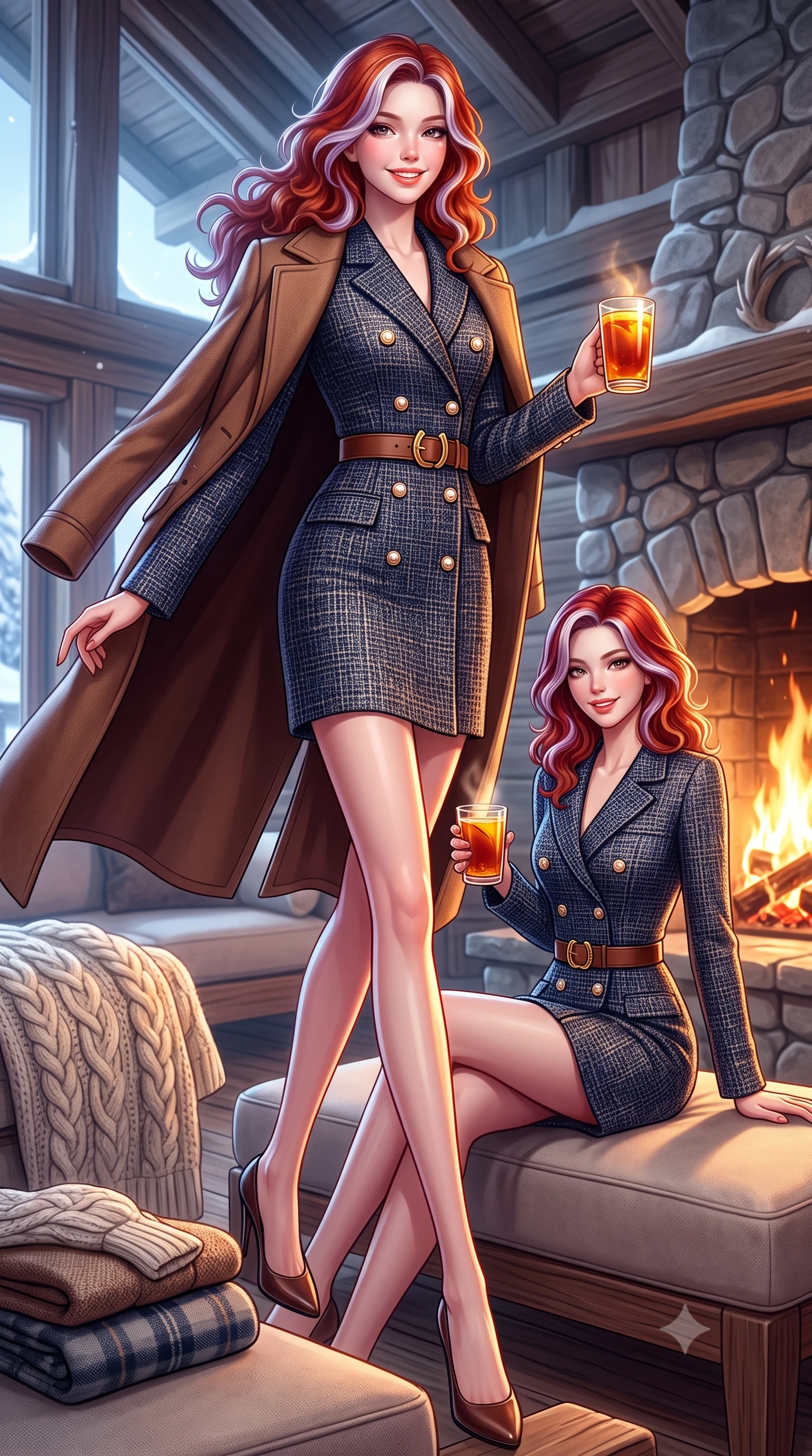 score_9, masterpiece, best quality, ultra-detailed, high-budget anime keyframe, semi-realistic 3D game render, editorial fashion photography, tasteful artistic composition, Caucasian woman. low angle full-body shot from head to toe showing her feet, filling the entire 9:16 vertical frame with her statuesque presence, stretching her vertical silhouette. stepping forward gracefully in mid-motion with a radiant beaming smile, her long tailored coat fluttering around her slender legs while sitting gracefully on an oversized cashmere-upholstered banquette near the stone hearth, holding a glass of spiced cider with cozy luxury charm. The surrounding environment is rendered in vivid detail and crisp panoramic clarity: detailed chunky fisherman cable-knit sweater texture, brushed wool flannel slacks, and alpine lodge architecture in razor-sharp precision. She has an exceptionally tall and slender model-like 8.5-heads proportion, an ultra-slim waist, a flat toned midriff, narrow delicate ribcage, and beautifully sculpted feminine hips creating a graceful, slim hourglass silhouette without any bulky heaviness, with impossibly long slender legs. sharp v-shaped jawline, high-bridge nose, intricate jewel-like sparkling eyes with depth, thick eyelashes, glossy parted lips with a natural peach sheen, bright cheerful beaming smile with an enchanting and coquettish sensual glint, exuding both youthful cute charm and seductive allure, flawlessly proportioned anatomical accuracy, strict slender model proportions, natural body alignment, perfectly sculpted long slender limbs, ultra-slim waistline, clean dynamic posture without body distortion. wearing a structured double-breasted tweed dress with notched lapels, long sleeves, and decorative mother-of-pearl buttons in Ginza vintage brass gold and midnight navy, crafted from rich cotton velvet with deep light-absorbing pile and soft gradients, finished with a smooth equestrian bridle-leather belt with a polished brass horseshoe buckle, the streamlined silhouette following her natural slender proportions with sophisticated poise, enhancing her tall willowy presence. illuminated by brilliant snow reflection fill and sharp ice-crystal rim lights defining her razor-sharp jawline and tall slender frame. highly saturated vibrant anime colors, detailed shading with soft gradients, rich glossy textures, high-contrast stereoscopic depth, volumetric dynamic lighting, master piece, 9:16 ratio