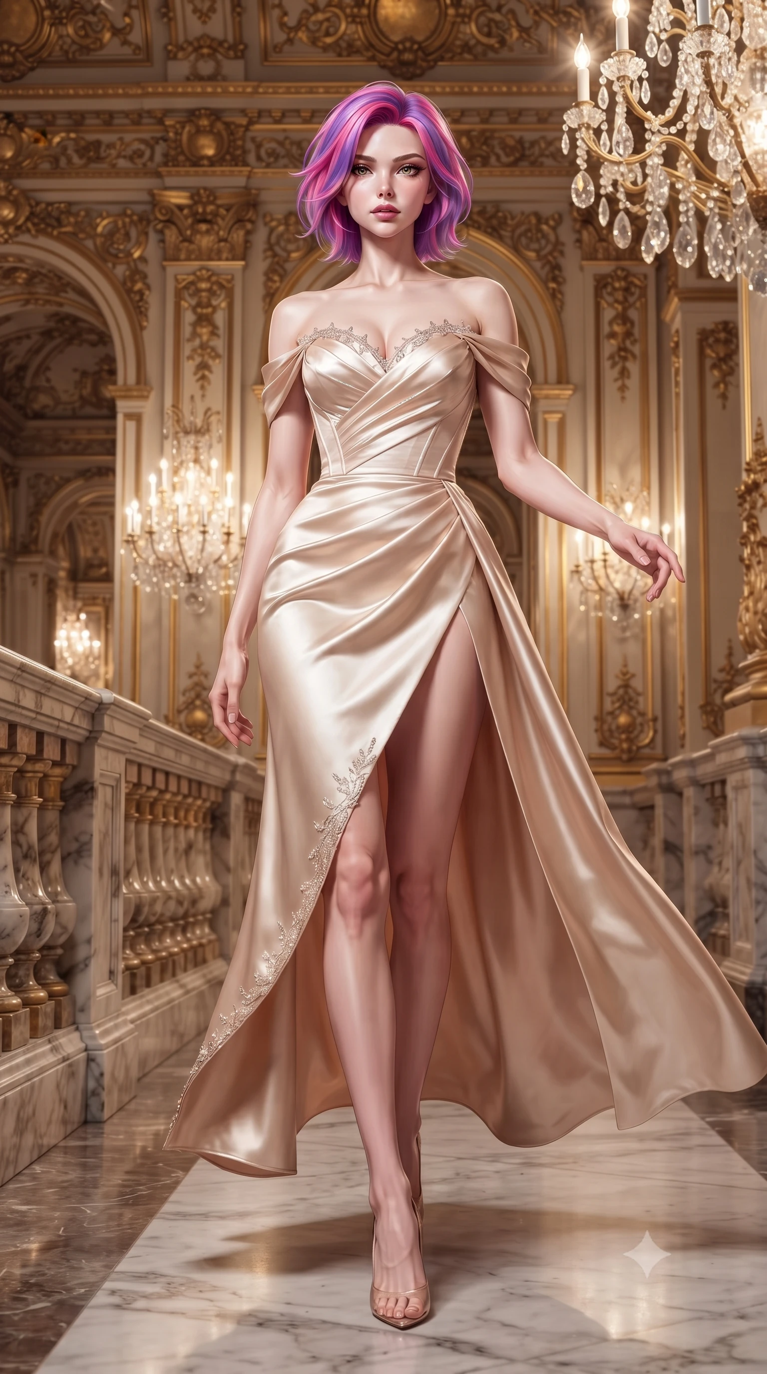 score_9, masterpiece, best quality, ultra-detailed, high-budget anime keyframe, editorial fashion photography, tasteful artistic composition, Caucasian woman. low angle full-body shot from head to toe showing her feet, filling the entire 9:16 vertical frame with her statuesque presence, stretching her vertical silhouette. striding forward in a proud, dynamic supermodel runway stride, her statuesque vertical silhouette commanding the entire frame while stepping along the private opera loge walkway with sweeping couture elegance and magnetic charisma. The surrounding environment is rendered in vivid detail and crisp panoramic clarity. intricate gold-leaf rococo carvings, sparkling crystal chandelier facets, and polished marble balustrades in sharp focus. She has an absolutely perfect, statuesque 8.5-heads proportion, an exceptionally tall and slender model-like female figure with impossibly long slender legs, a toned flat midriff, and an ultra-slim waist. sharp v-shaped jawline, high-bridge nose, intricate jewel-like eyes with depth, thick eyelashes, glossy lips with a natural sheen, captivating and magnetic expression, flawlessly proportioned anatomical accuracy, strict slender model proportions, natural body alignment, perfectly sculpted long slender limbs, ultra-slim waistline, clean dynamic posture without body distortion. wearing a statuesque off-shoulder champagne satin gala dress featuring a thigh-high side slit and draped corset bodice in champagne ivory and rose gold, tailored from ultra-smooth duchess satin with a pearlescent sheen, finished with delicate crystal embroidery along the neckline and hem edition #13, the breezy yet form-flattering drape swaying gracefully with her steps, accentuating her long willowy limbs and slim waistline. surrounded by an aristocratic, majestic, and enchantingly sovereign high-society queen aura. ultra-reflective glossy finish, specular highlights, rich textural contrasts, high-contrast stereoscopic depth, volumetric dynamic lighting, 2k, ultra detail, master piece, 9:16 ratio