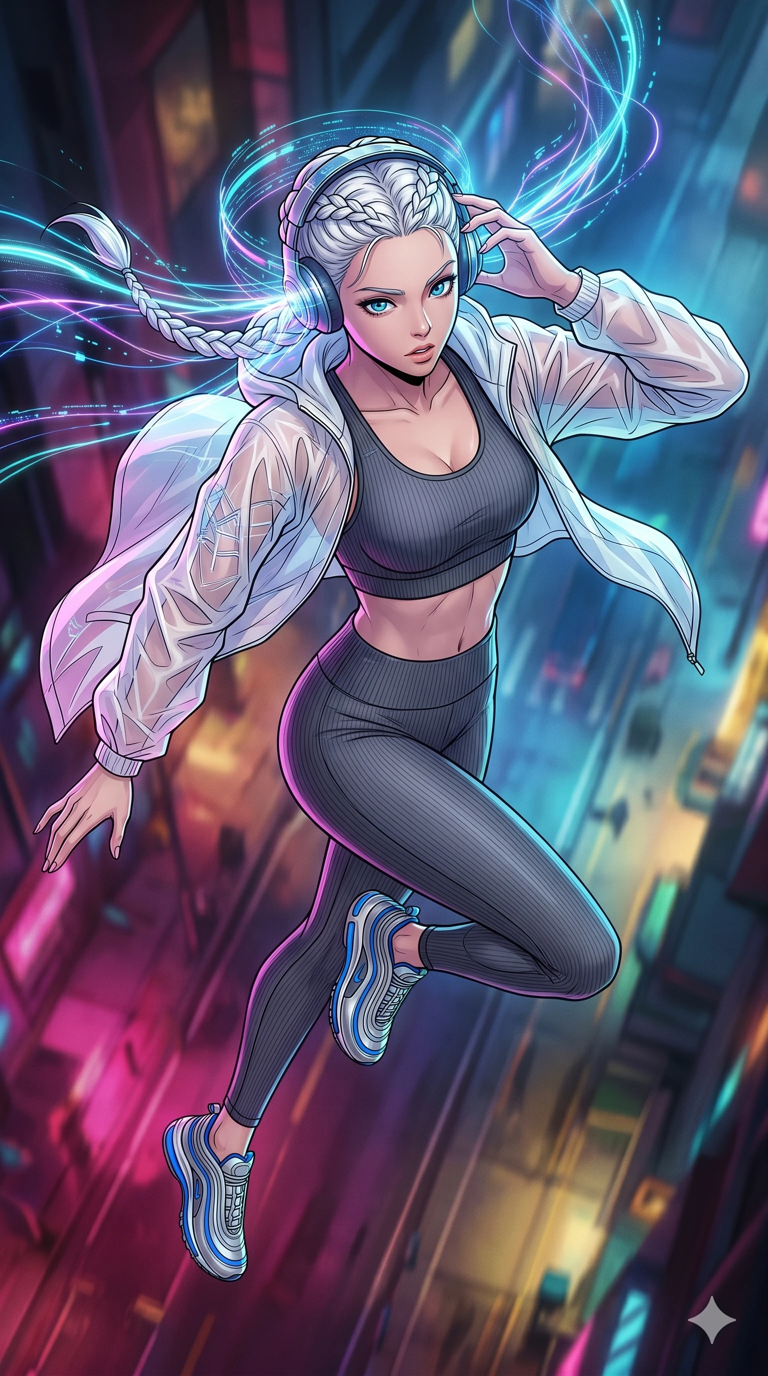score_9, masterpiece, best quality, ultra-detailed, high-budget anime movie keyframe, cinematic anime lighting, intricate line art, Korean woman. Extreme high angle shot as she leaps towards the camera, filling the frame. adjusting a neural-link headset while data streams manifest as light. She has an absolutely perfect 8-heads proportion, an exceptionally tall and slender female figure with an ultra-slim waist and impossibly long slender legs. strictly human anatomy, two legs only, no extra limbs, clearly defined legs and arms, perfect anatomy, perfect hands and fingers. sharp v-shaped jawline, high-bridge nose, intricate jewel-like eyes, thick eyelashes, glossy lips. Wearing Premium Athleisure: Ribbed sports bra and leggings set, sheer windbreaker, and sleek high-performance activewear. The scene is illuminated by dramatic atmospheric lighting and vibrant color palettes. , 2k, ultra detail, master piece, 9:16 ratio