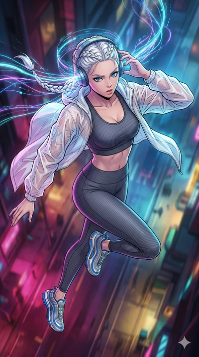 score_9, masterpiece, best quality, ultra-detailed, high-budget anime movie keyframe, cinematic anime lighting, intricate line art, Korean woman. Extreme high angle shot as she leaps towards the camera, filling the frame. adjusting a neural-link head