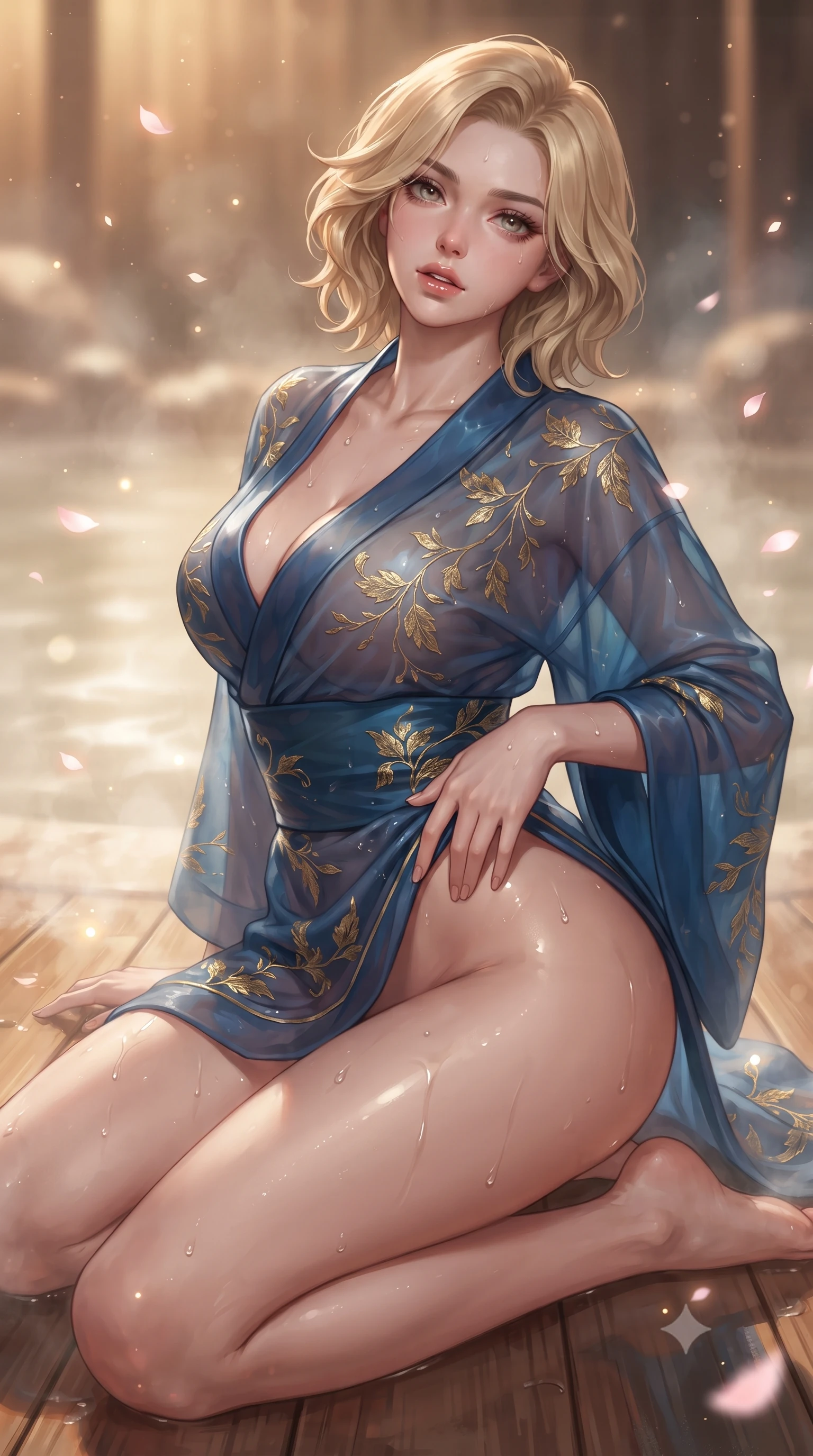 score_9, masterpiece, best quality, ultra-detailed, high-budget anime keyframe, editorial fashion photography, tasteful artistic composition, Caucasian woman. close-up cowboy shot from the waist and thighs up, the character dominates the composition, filling the frame with her large presence. leaning back with relaxed seductive grace, her sculpted collarbones and narrow waist highlighted as she casts smoldering bedroom-eyes directly into the camera while kneeling gracefully on the warm wet cedar deck, one hand resting on her bare hip as thermal steam caresses her feminine curves. The composition keeps background elements in soft focus with creamy bokeh. thermal pool ripple caustics and drifting sakura petals scattering soft luminous light motes. She has an exceptionally elegant, slender, and willowy female figure with an ultra-slim waist, a gracefully sculpted slender torso, toned flat midriff, and rounded feminine hips creating an alluring hourglass silhouette. sharp v-shaped jawline, high-bridge nose, intricate jewel-like eyes with depth, thick eyelashes, glossy parted lips with a natural sheen, intensely captivating and seductive bedroom-eyes expression, flawlessly proportioned anatomical accuracy, strict slender model proportions, natural body alignment, perfectly sculpted long slender limbs, ultra-slim waistline, clean dynamic posture without body distortion. wearing a delicate semi-translucent silk yukata that clings to her wet skin and curvy hip contours in deep azure blue and gold leaf embroidery, crafted from supple second-skin lambskin leather with specular wet sheen, accented with water droplets glistening on her bare collarbones and hips, the liquid-tight tailored fabric clinging flawlessly to her narrow waist and rounded feminine hips, emphasizing every millimeter of her sculpted hourglass curves during movement. illuminated by wet specular reflections accentuating her sculpted collarbones, narrow waist, and curvy hips. ultra-reflective glossy finish, specular highlights, rich textural contrasts, high-contrast stereoscopic depth, volumetric dynamic lighting, 2k, ultra detail, master piece, 9:16 ratio