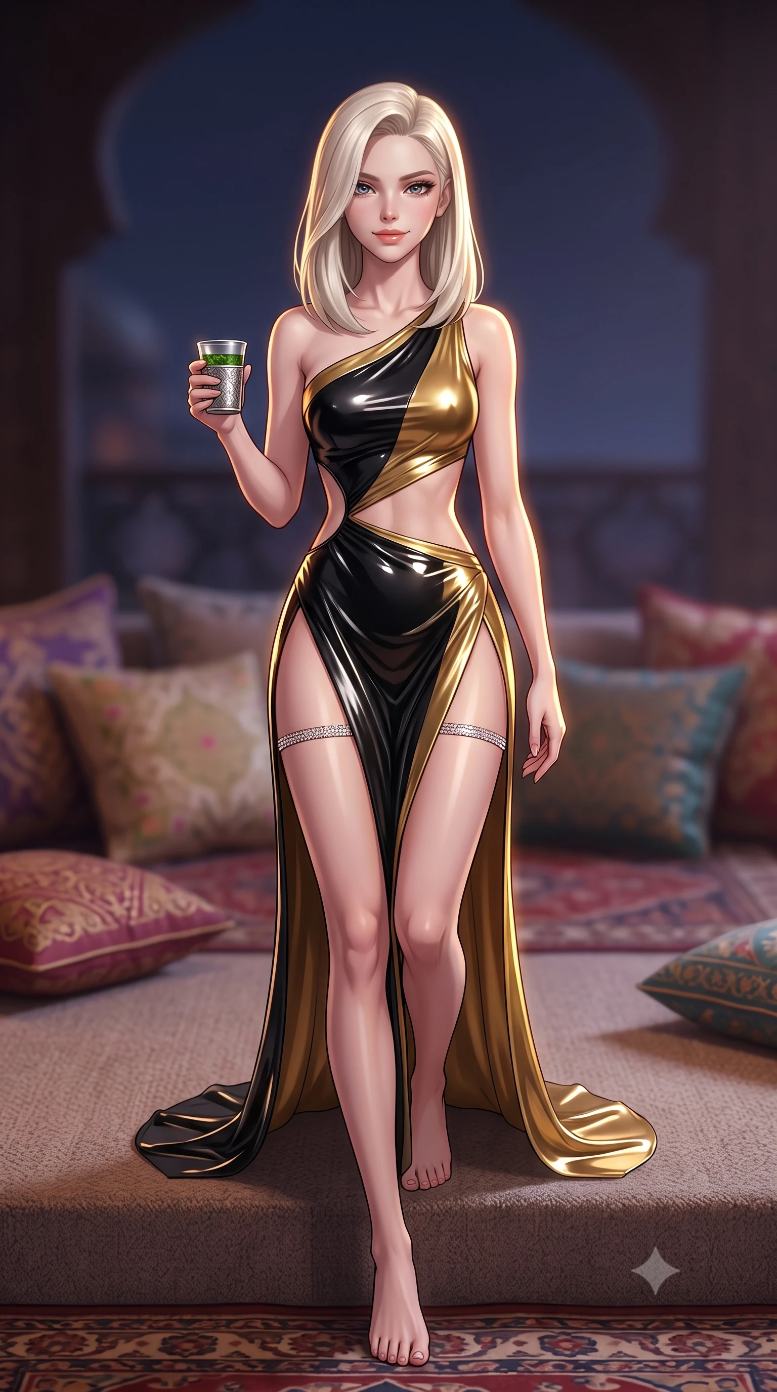 score_9, masterpiece, best quality, ultra-detailed, high-budget anime keyframe, semi-realistic 3D game render, editorial fashion photography, tasteful artistic composition, Caucasian woman. low angle full-body shot from head to toe showing her feet, filling the entire 9:16 vertical frame with her statuesque presence, stretching her vertical silhouette. stepping slowly toward the camera with hypnotic grace, hips swaying in an alluring sensual rhythm that accentuates her curvy hourglass silhouette and long slender legs while sitting perched on the edge of the carpeted lounge with legs extended, holding a silver mint tea glass with a captivating seductive smile. The background shows a soft-focus embroidered silk pillows and kilim rugs softened in romantic Arabian Nights shallow focus. She has an absolutely perfect, statuesque 8.5-heads proportion, an exceptionally tall and slender model-like female figure with impossibly long slender legs, an ultra-slim waist, a flat toned midriff, narrow delicate ribcage, and beautifully sculpted feminine hips creating a graceful, slim hourglass silhouette without any bulky heaviness. sharp v-shaped jawline, high-bridge nose, sparkling eyes with hypnotic seductive depth, thick curled eyelashes, glossy parted lips with a natural dewy peach sheen, alluring bedroom-eyes with an enchanting coquettish smile, exuding magnetic siren charisma and sophisticated glamour, flawlessly proportioned anatomical accuracy, strict slender model proportions, natural body alignment, perfectly sculpted long slender limbs, ultra-slim waistline, clean dynamic posture without body distortion. wearing an asymmetric one-shoulder liquid jersey gown with dramatic hip-high slit and sculptural waist cutout in Shanghai Art Deco black and polished brass gold, crafted from wet-look high-gloss vinyl fabric with dazzling specular surface reflections, finished with delicate crystal-encrusted thigh garter straps glinting in the dim light, the precision-cut side openings and low-back scoop framing her graceful spine and the sensual sweep of her slim, toned hips. illuminated by rooftop tile reflection fill and sharp flame-gold rim lights sculpting her jawline, flat midriff, and voluptuous hip curves. highly saturated vibrant anime colors, detailed shading with soft gradients, rich glossy textures, high-contrast stereoscopic depth, volumetric dynamic lighting, master piece, 9:16 ratio
