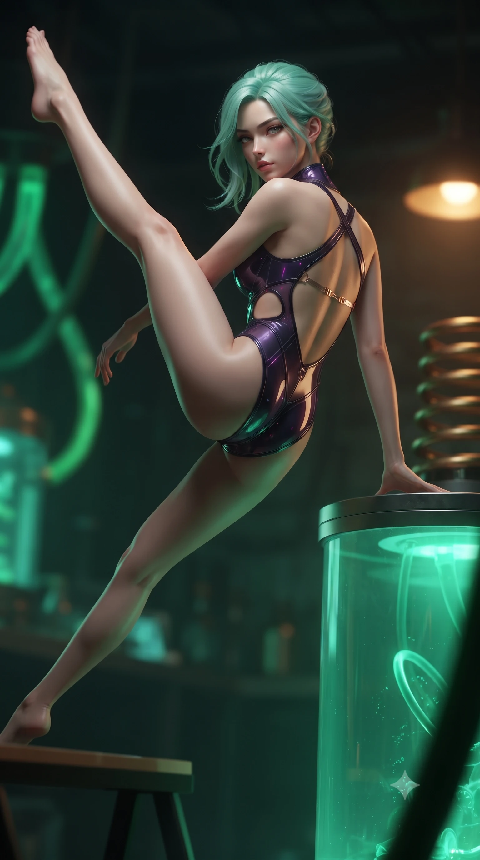 score_9, masterpiece, best quality, ultra-detailed, high-budget anime keyframe, editorial fashion photography, tasteful artistic composition, Japanese woman. low angle full-body shot from head to toe showing her feet, filling the entire 9:16 vertical frame with her statuesque presence, stretching her vertical silhouette. performing an alluring mid-air vault with flawless poise, looking directly into the camera with smoldering, predatory intensity while resting one hand on the glass wall of a glowing green bioluminescent stasis vat inside a shadowy underground laboratory. The composition keeps background elements in soft focus with creamy bokeh. glowing green bio-fluid tubes and brass condenser coils blurred into moody emerald and amber bokeh. She has an absolutely perfect, statuesque 8.5-heads proportion, an exceptionally tall and slender model-like female figure with impossibly long slender legs, a toned flat midriff, and an ultra-slim waist. sharp v-shaped jawline, high-bridge nose, intricate jewel-like eyes with depth, thick eyelashes, glossy lips with a natural sheen, flawlessly proportioned anatomical accuracy, strict slender model proportions, natural body alignment, perfectly sculpted long slender limbs, ultra-slim waistline, clean dynamic posture without body distortion. wearing an ultra-sleek high-cut vinyl bodysuit with front contour paneling, exposed side-rib cutouts, and an open back in deep velvet violet and rose-gold metallic clasps, tailored from semi-translucent dark cybernetic vinyl with subtle glowing micro-filaments, complemented by criss-cross back straps highlighting her completely bare spine, the sleek second-skin cut tightly hugging her graceful clavicle, narrow waist, and feminine curves with athletic precision. bathed in eerie emerald bioluminescent backlighting and warm amber lamp fill light. ultra-reflective glossy finish, specular highlights, dark metallic sheen, deep chiaroscuro contrast, volumetric dynamic shadow lighting, 2k, ultra detail, master piece, 9:16 ratio