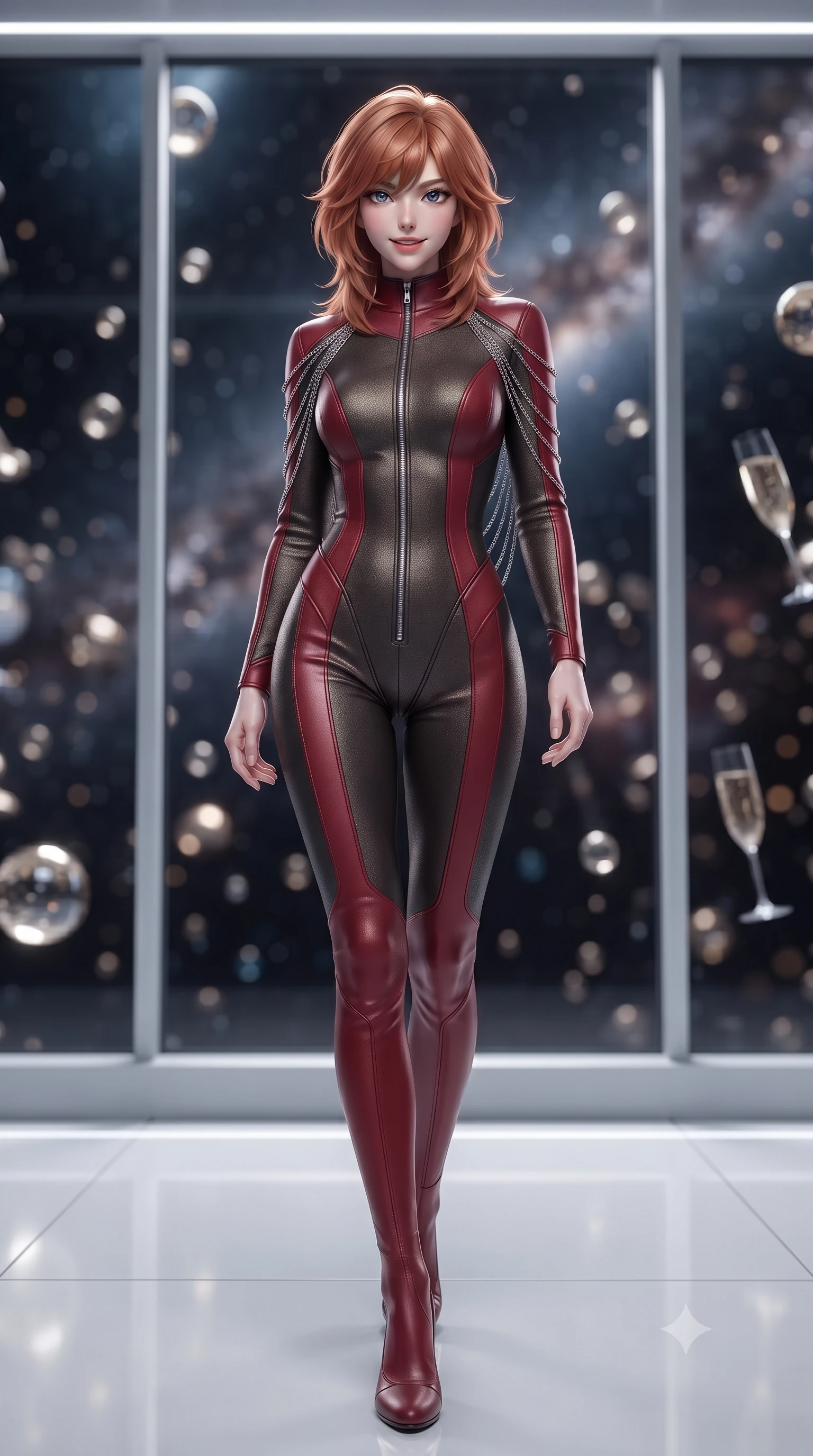 score_9, masterpiece, best quality, ultra-detailed, high-budget anime keyframe, editorial fashion photography, tasteful artistic composition, Korean woman. low angle full-body shot from head to toe showing her feet, filling the entire 9:16 vertical frame with her statuesque presence, stretching her vertical silhouette. stepping slowly toward the camera with hypnotic grace, hips swaying in an alluring sensual rhythm that accentuates her curvy hourglass silhouette and long slender legs while standing poised on the polished white polymer floor before the floor-to-ceiling starlight observation window, arching her back with aristocratic supermodel elegance. The background shows a soft-focus floating zero-gravity liquid spheres, crystal flutes, and brilliant Milky Way star clusters through panoramic glass blurred into champagne, diamond, and onyx bokeh. She has an exceptionally tall and slender model-like 8.5-heads proportion, an ultra-slim waist, a flat toned midriff, narrow delicate ribcage, and beautifully sculpted feminine hips creating a graceful, slim hourglass silhouette without any bulky heaviness, with impossibly long slender legs. sharp v-shaped jawline, high-bridge nose, intricate jewel-like sparkling eyes with depth, thick eyelashes, glossy parted lips with a natural peach sheen, bright cheerful beaming smile with an enchanting and coquettish sensual glint, exuding both youthful cute charm and seductive allure, flawlessly proportioned anatomical accuracy, strict slender model proportions, natural body alignment, perfectly sculpted long slender limbs, ultra-slim waistline, clean dynamic posture without body distortion. wearing a sculpted tactical lambskin leather catsuit with seamless paneling and silver zipper hardware accentuating her flat midriff and curvy hips in deep crimson hazard red and matte dark titanium, tailored from high-density tech-wool with subtle metallic thread weave, accented with an open-back drape framed by falling strands of delicate chrome chains, the glove-like clinging cut tightly following the natural contour of her hips and long slender legs with youthful 8.5-heads elegance. illuminated by white polymer floor reflection bounce and sharp platinum rim lights sculpting her jawline, narrow waist, and curvy hips. ultra-reflective glossy finish, specular highlights, rich textural contrasts, high-contrast stereoscopic depth, volumetric dynamic lighting, 2k, ultra detail, master piece, 9:16 ratio
