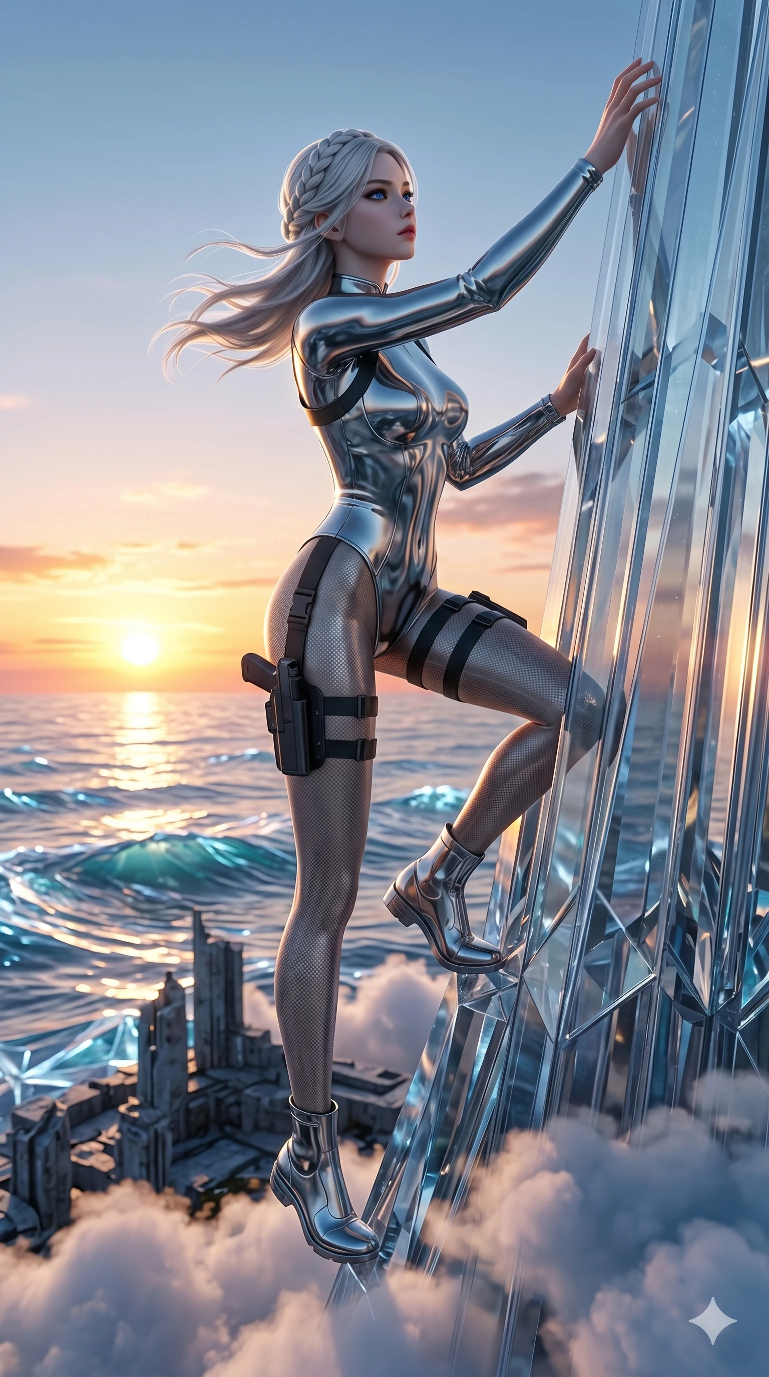 score_9, masterpiece, best quality, ultra-detailed, Photorealistic 8k CG, masterpiece, hyper-realistic SSS skin texture, cinematic ray-tracing, every pore and strand of hair rendered with extreme precision, 8k resolution, Korean woman with idol-like refined features. Cinematic low angle perspective showcasing her towering height and perfect 8-heads proportion. Climbing a crystalline spire of glass in a futuristic ruin, the clouds passing below her as she reaches for the summit. She has an absolutely perfect 8-heads proportion, an exceptionally tall and slender female figure with impossibly long slender legs and an ultra-slim waist, her statuesque height and towering silhouette dominating the vertical 9:16 frame. Her face is a masterpiece featuring a sharp v-shaped jawline, high-bridge nose, intricate jewel-like eyes with depth, thick eyelashes, and glossy lips with a natural sheen. She is wearing a Sleek tactical uniform with thigh-high holsters, with a sleek modern design crafted from Molten liquid mercury that flows and reflects the environment with metallic perfection, accompanied by patterned tights and metallic boots. The scene is set in a vibrant sunset over a futuristic crystalline ocean with waves made of liquid light, illuminated by cinematic lighting with dramatic rim light that highlights her slender silhouette. 2k, ultra detail, master piece, 9:16 ratio
