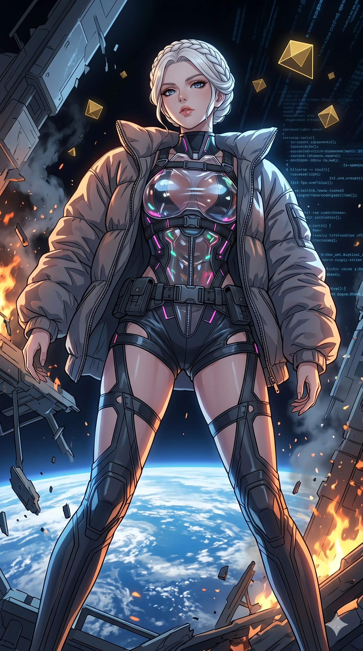 score_9, masterpiece, best quality, ultra-detailed, High-budget Anime Keyframe, vibrant colors, fluid line-art, expressive lighting, cinematic composition, Ufotable-style visual effects, top-tier animation quality, Japanese woman with delicate and elegant anime-inspired features. Low angle cowboy shot filling the entire 9:16 frame with her statuesque presence, looking up to emphasize her height. Escaping a crumbling orbital space station amidst falling debris and venting atmosphere, the earth visible as a beautiful blue marble below. She has an absolutely perfect 8-heads proportion, an exceptionally tall and slender female figure with impossibly long slender legs and an ultra-slim waist, her statuesque height and towering silhouette dominating the vertical 9:16 frame. Her face is a masterpiece featuring a sharp v-shaped jawline, high-bridge nose, intricate jewel-like eyes with depth, thick eyelashes, and glossy lips with a natural sheen. She is wearing a Oversized puffer jacket worn over a micro-shorts and harness set, unzipped to reveal her chest crafted from Transparent PVC with a high-gloss finish that reveals the intricate layers beneath, with integrated neon-lit tactical gear and suggestive cutouts on the thighs. The scene is set in an abstract digital void with floating golden geometric shapes and rivers of flowing code, illuminated by dynamic strobe effects that capture her movement in a series of sharp fragments. 2k, ultra detail, master piece, 9:16 ratio