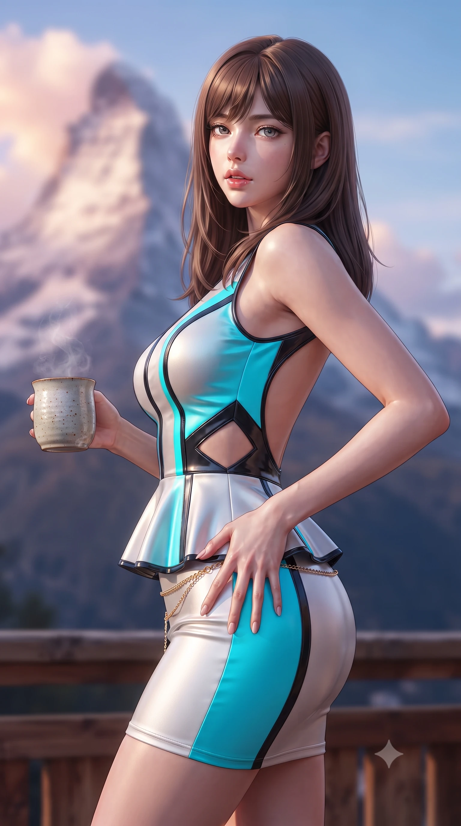 score_9, masterpiece, best quality, ultra-detailed, high-budget anime keyframe, editorial fashion photography, tasteful artistic composition, Korean woman. close-up cowboy shot from the waist and thighs up, the character dominates the composition, filling the frame with her large presence. resting one manicured hand delicately on her hip bone, her upper body turning in a fluid, seductive S-curve while parted lips glisten in the light while standing poised on the heated cedar terrace holding a mug of steaming spiced cider, her slender waist and feminine curves wrapped in luxury cashmere. The composition keeps background elements in soft focus with creamy bokeh. colossal jagged peak of the Matterhorn and glowing alpine sunset clouds blurred into rose-gold, lavender, and crisp sky-blue bokeh. She has an exceptionally elegant, slender, and willowy female figure with an ultra-slim waist, flat toned midriff, narrow ribcage, and sculpted feminine hips creating an alluring, slim hourglass silhouette without bulk. sharp v-shaped jawline, high-bridge nose, intricate jewel-like eyes with depth, thick eyelashes, glossy parted lips with a natural sheen, intensely captivating and seductive bedroom-eyes expression, flawlessly proportioned anatomical accuracy, strict slender model proportions, natural body alignment, perfectly sculpted long slender limbs, ultra-slim waistline, clean dynamic posture without body distortion. wearing a modern peplum corset dress with side-waist diamond cutouts and an ultra-tight silhouette in neon electric cyan and lacquer black, tailored from ultra-smooth duchess satin with a pearlescent sheen, accented with a delicate gold chain belt resting loosely on her curvy hips, the dramatically scooped open back descending to the base of her spine, accentuating her razor-sharp statuesque lines and slim hourglass silhouette. illuminated by crisp alpine mountain light sharply defining her razor-sharp jawline, narrow waist, and curvy hips. ultra-reflective glossy finish, specular highlights, rich textural contrasts, high-contrast stereoscopic depth, volumetric dynamic lighting, 2k, ultra detail, master piece, 9:16 ratio